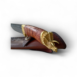 Ловен нож от дамаска стомана VG10 с дръжка от махагон и месингов елемент "трицератопс"