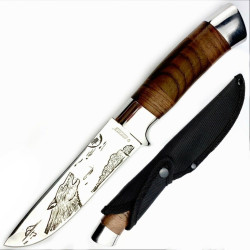 Ловен нож с гравюра „вълк“ – стомана 65X13 и дървена дръжка