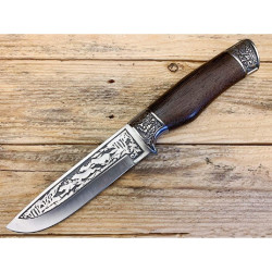 Ловен нож с гравирано острие и ергономична дървена дръжка – 27 см, 5Cr13Mov стомана