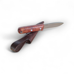 Ловен нож с острие 14C28N, дръжка от коренно дърво и кожена кания