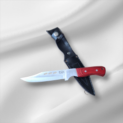 Ловен нож с червена дървена дръжка и кания от еко кожа – 23 см, 420HC стомана