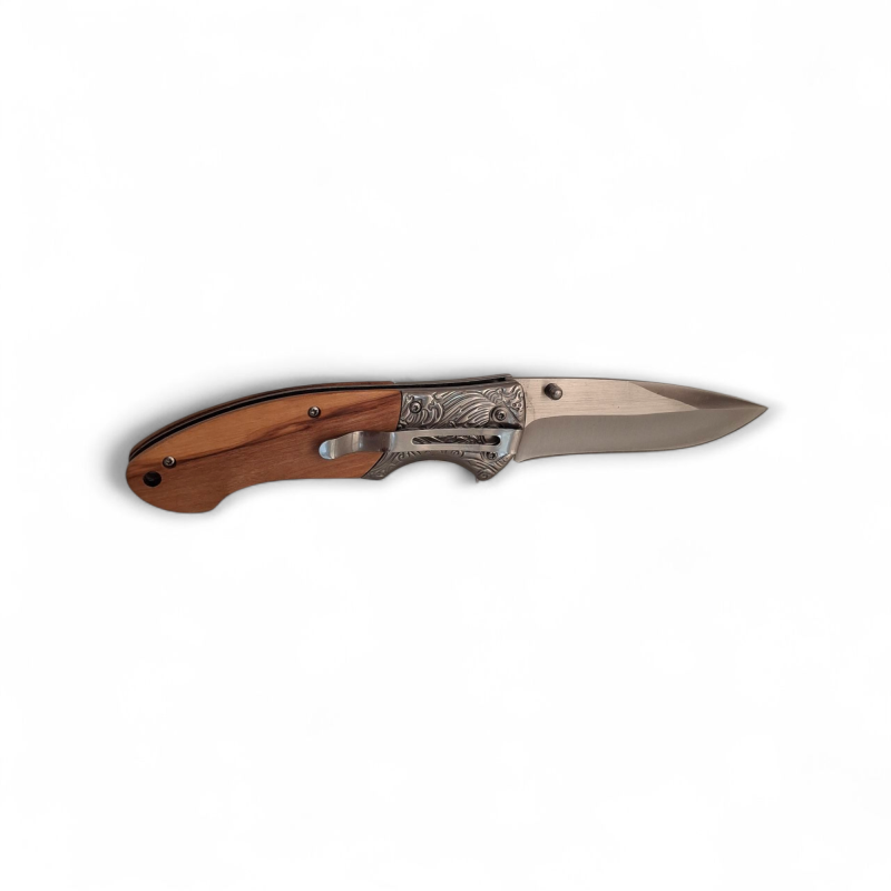 Сгъваем нож Browning с дървена дръжка и остро 420HC – разгънат Полуотворен нож – изглед към острието и логото на Browning
