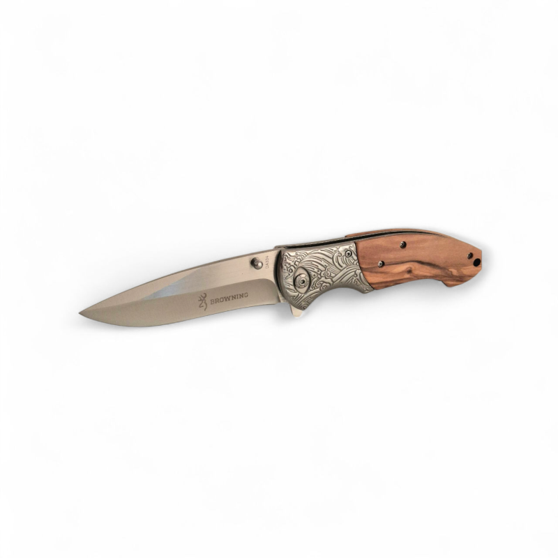 Сгъваем нож Browning с дървена дръжка и остро 420HC – разгънат Полуотворен нож – изглед към острието и логото на Browning