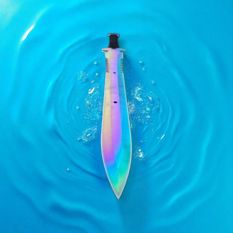 Цветно мачете с кания и шишарки – изглед отгоре Мачете с rainbow острие и черна дръжка върху дървен фон