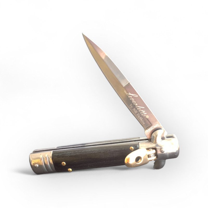 Профилен изглед на Stiletto нож с дървена дръжка Автоматичен нож Stiletto Classic с разгънато острие – изглед отгоре