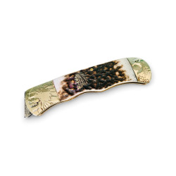 Сгъваем нож от дамаска стомана с гравирана дръжка и кожена кания – 20 см