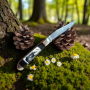 Нож Eagle Forest сред природна обстановка с шишарки и мъх Сгъваем нож с гравюра на орел – изглед върху дървена повърхност