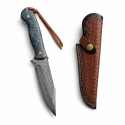 Ловен нож „Драконово око“ – Damascus VG10, 67 слоя, Ambonya и кожена кания