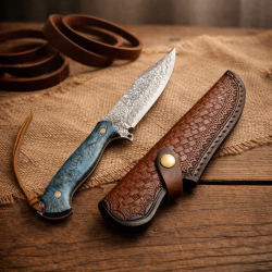 Ловен нож „Драконово око“ – Damascus VG10, 67 слоя, Ambonya и кожена кания
