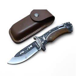 Сгъваем ловен нож "Columbia" с дървена дръжка и кожена кания