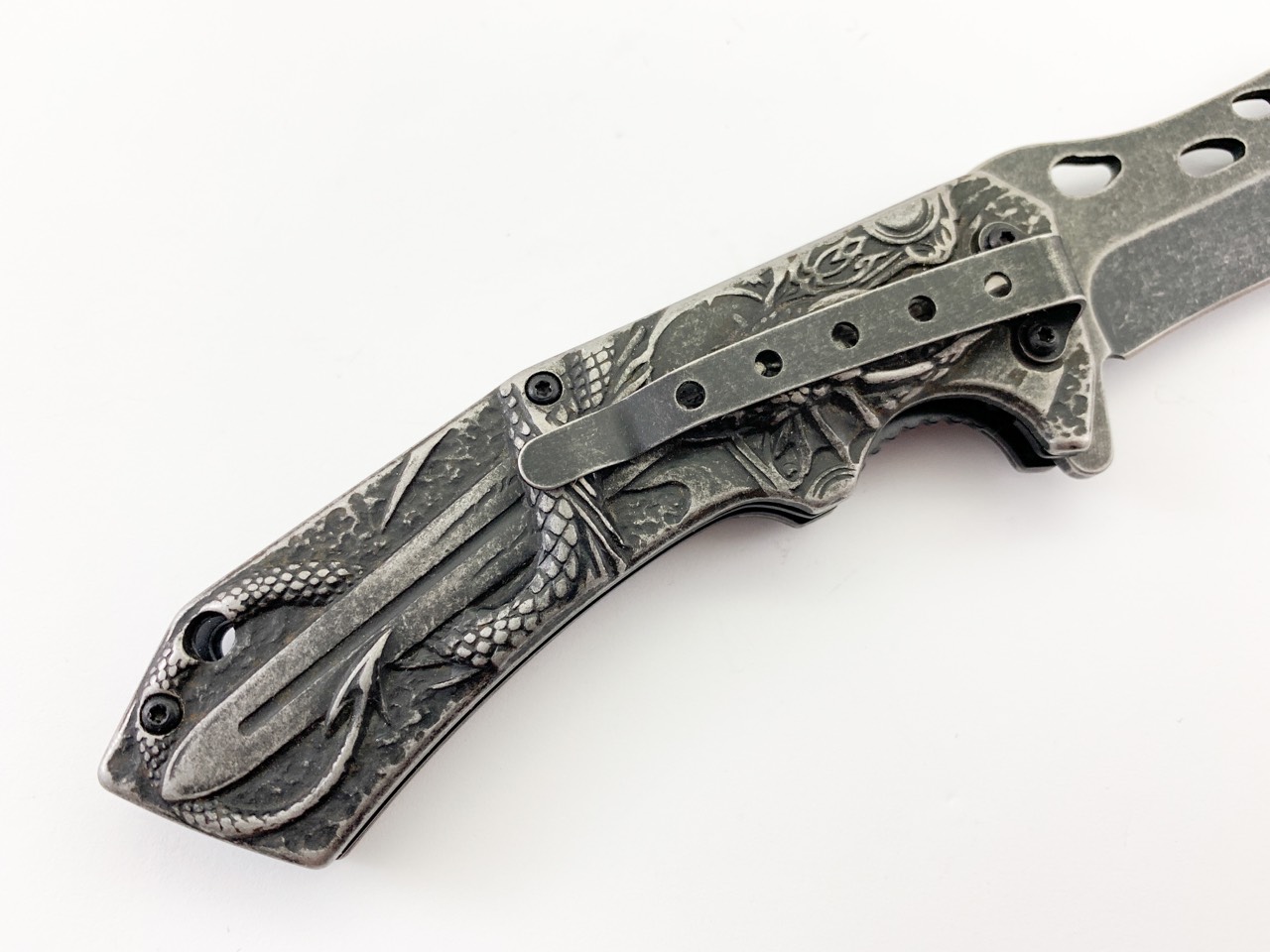 Сгъваем автоматичен нож Boker с инкрустиран Дракон с меч 3D Сгъваем автоматичен нож Boker с инкрустиран Дракон с меч 3D