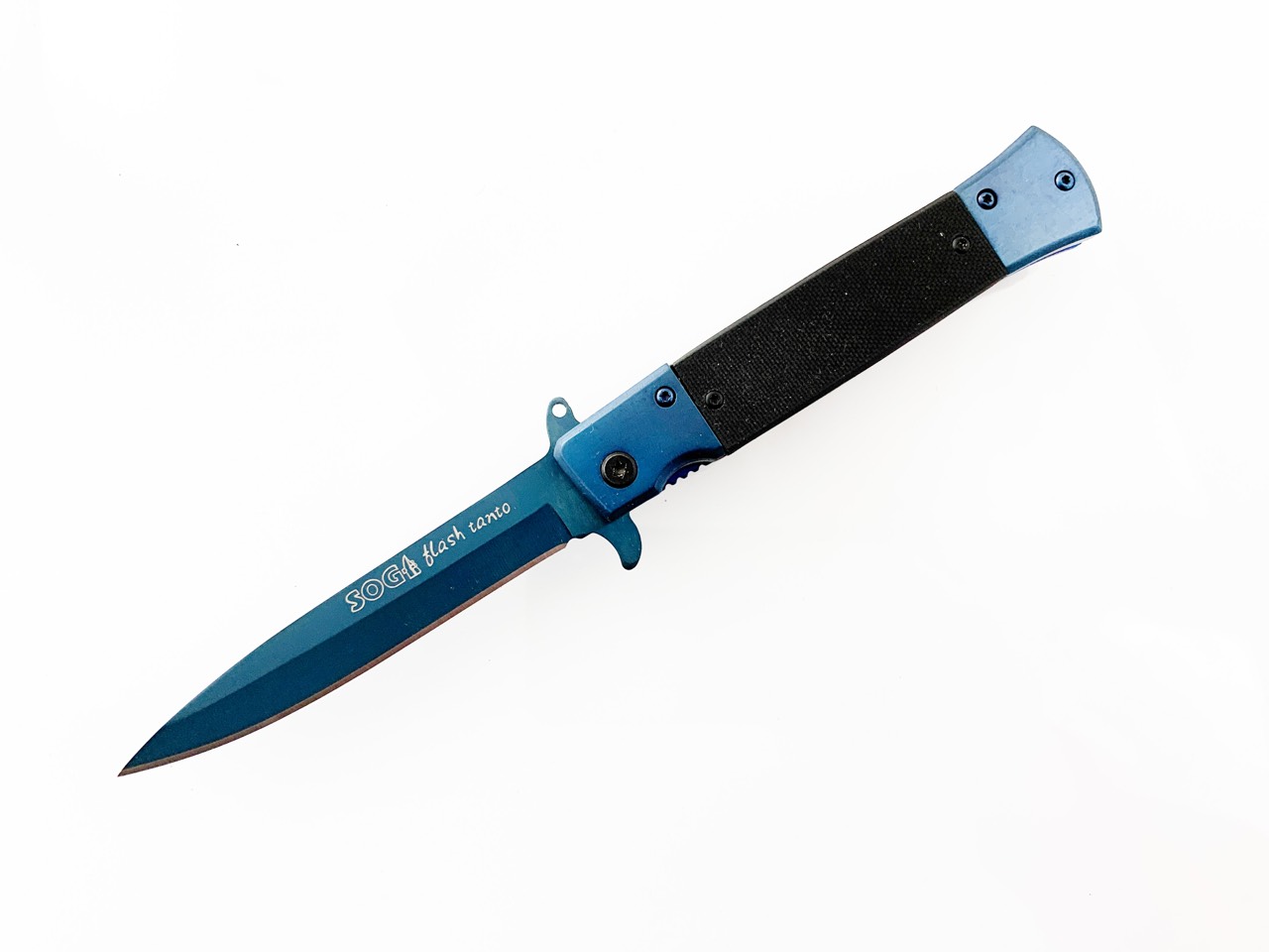 Сгъваем автоматичен нож син цвят дизайн стилето Sog Flash tanto 440 steel