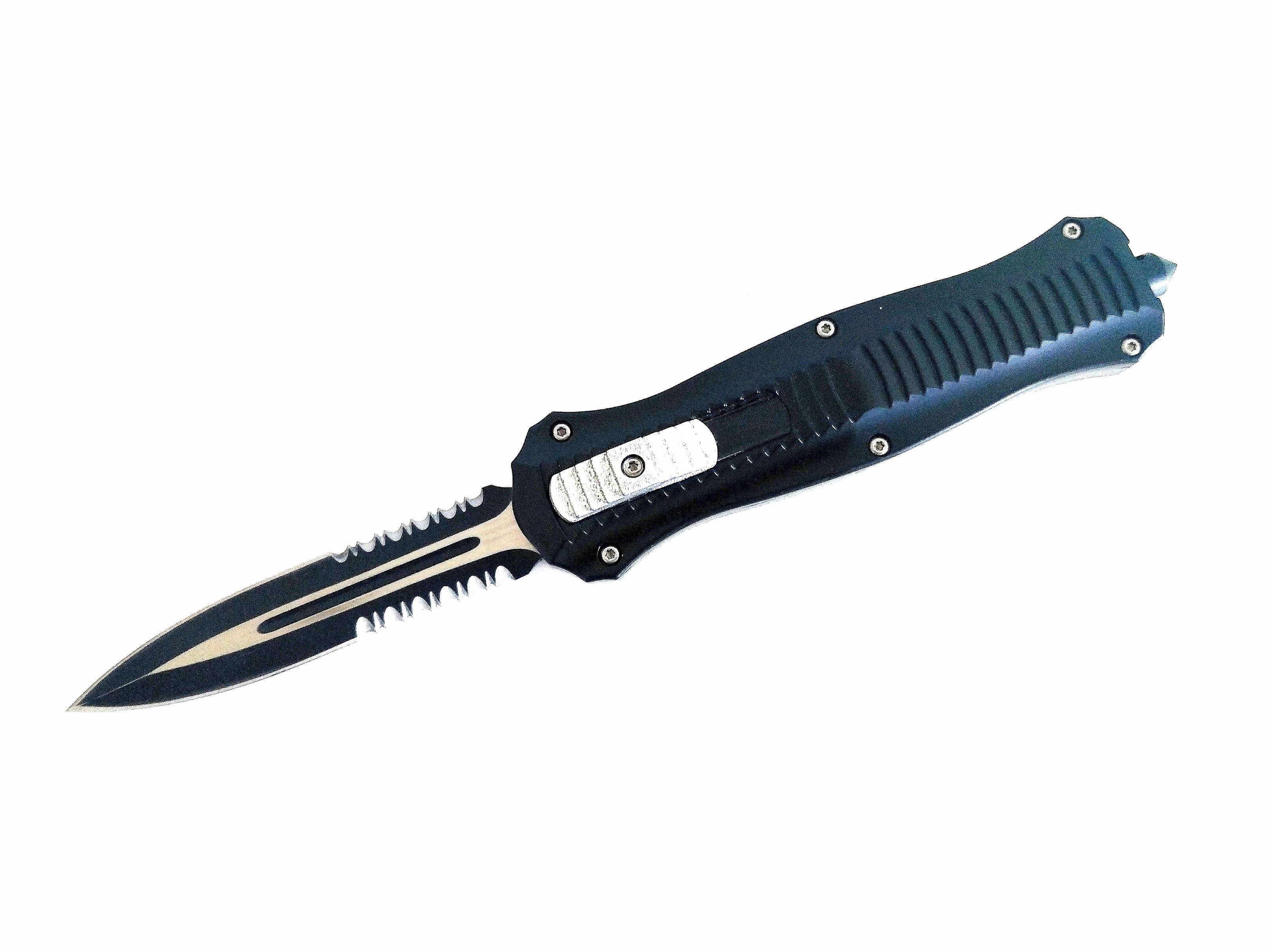 Microtech Black OTF- сгъваем автоматичен нож тип кама с една втора серетирано острие Microtech Black OTF- сгъваем автоматичен нож тип кама с една втора серетирано острие