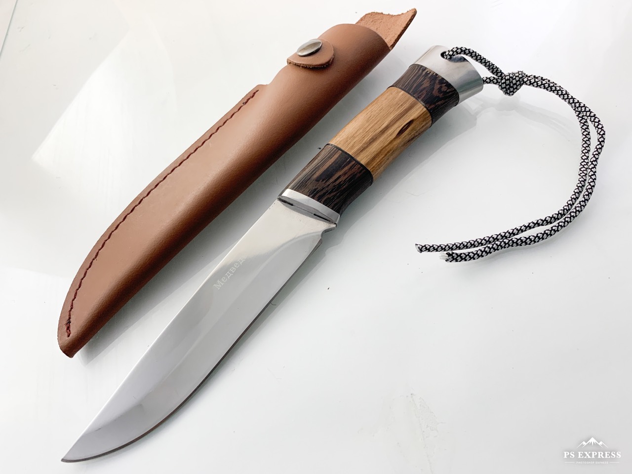 Руски ловен нож с кожена кания и паракорд - Медведев