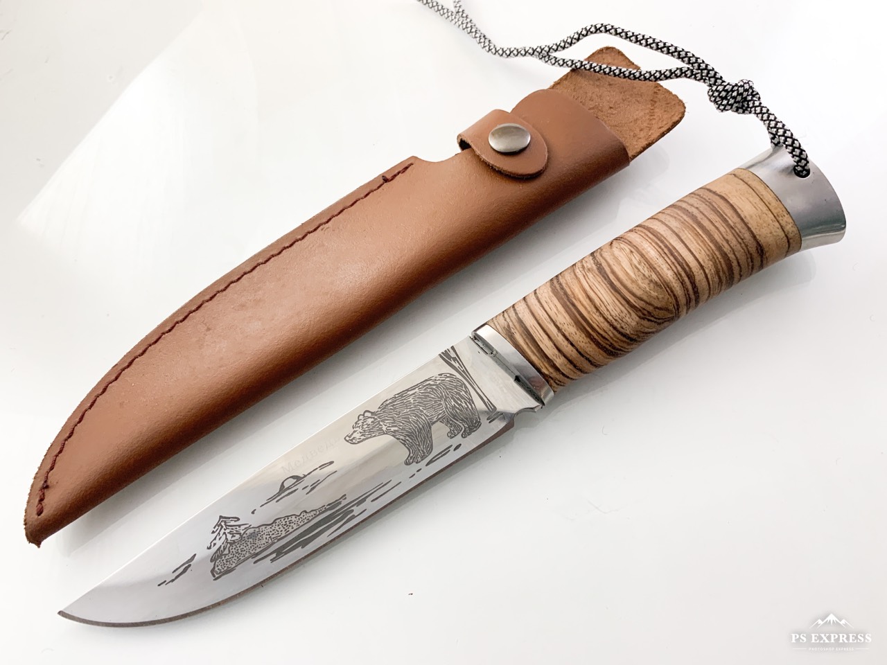 Руски ловен нож с гравирана Мечка на острието сталъ 65 х13