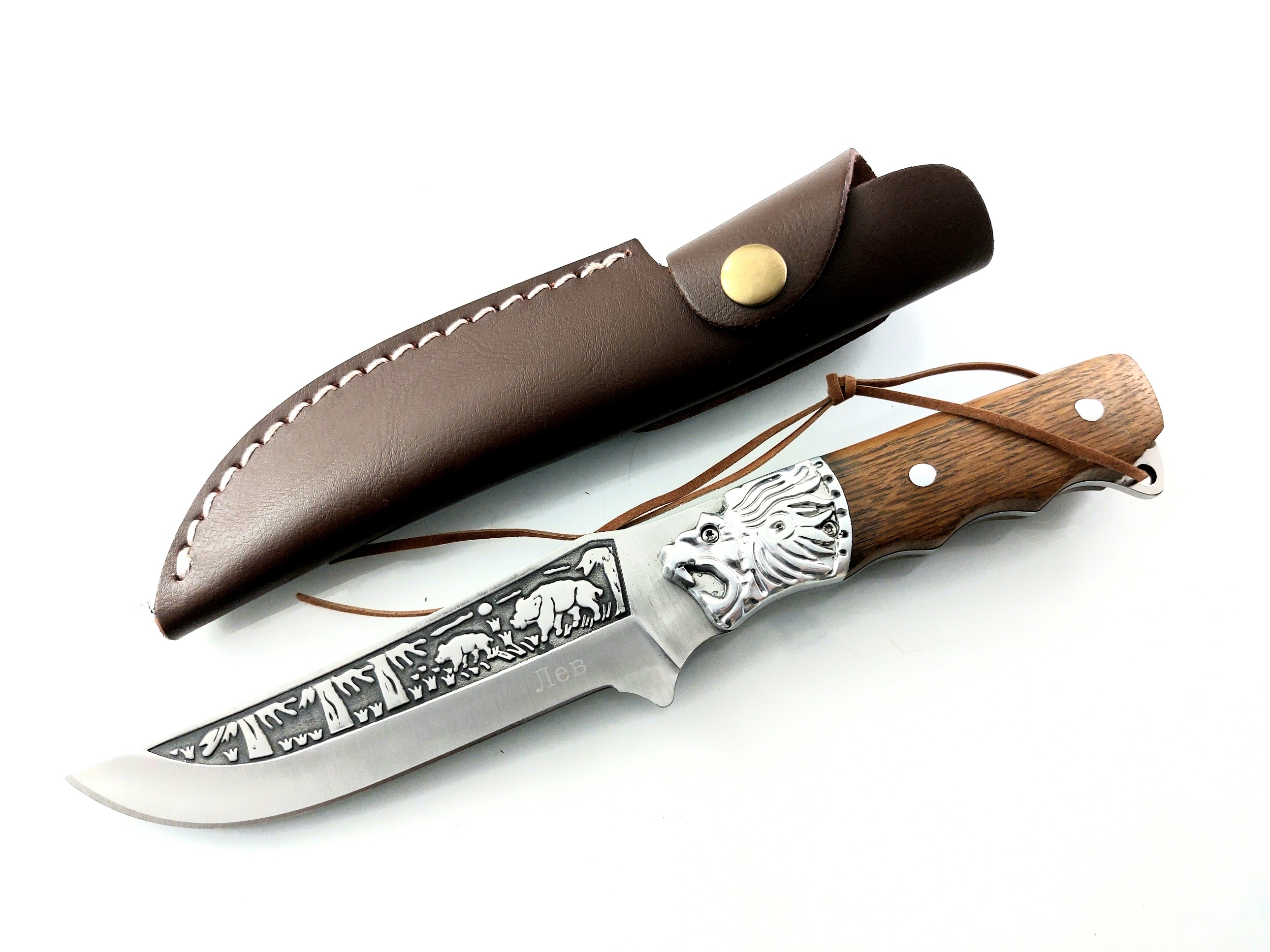 Руски ловен нож фултанг Лъв стомана 65х13 и кожена кания