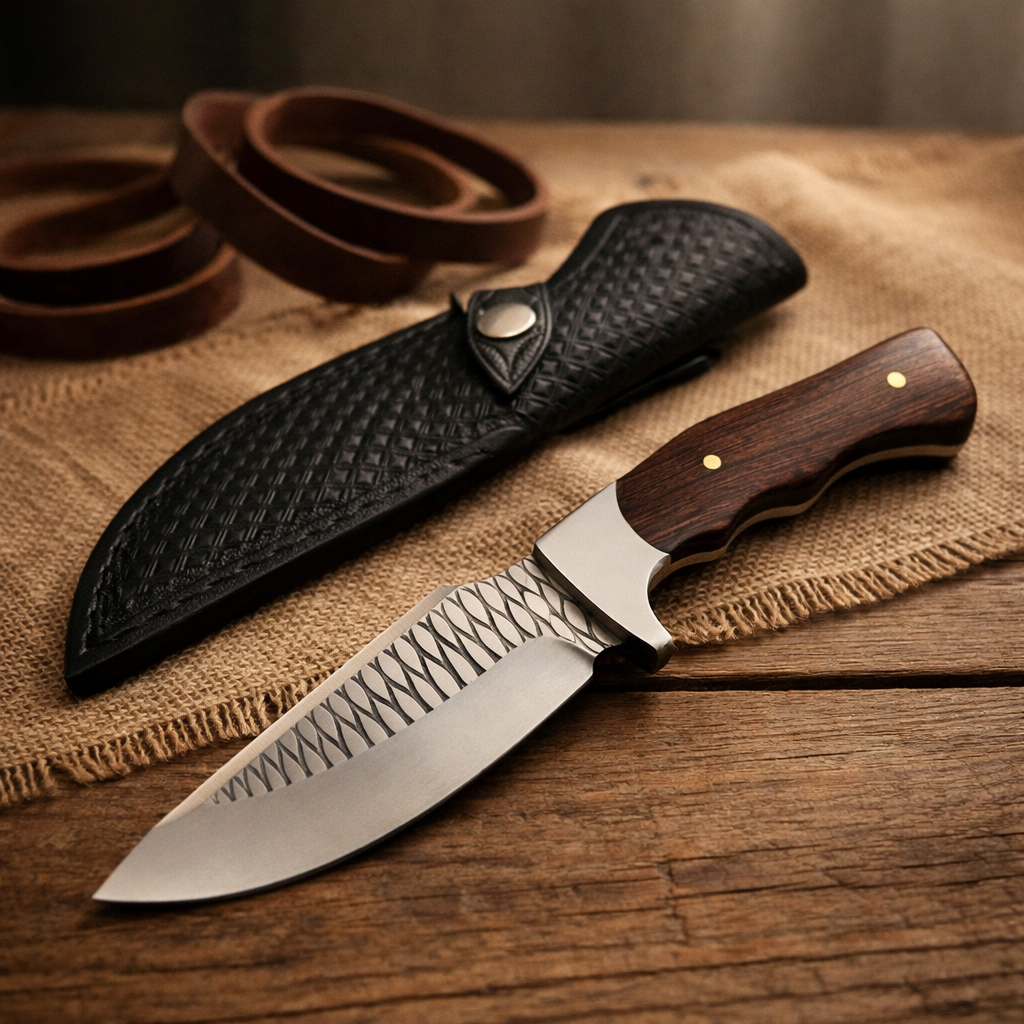 Ловен нож с махагонова дръжка и кожена кания