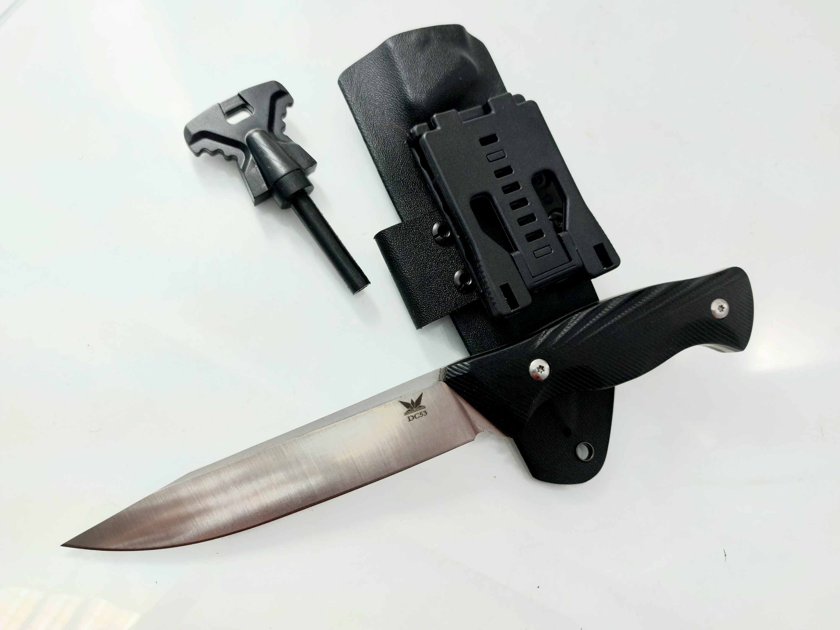 Ловен нож фултанг с Kydex калъф,магнезиева запалка DC53 Steel Military