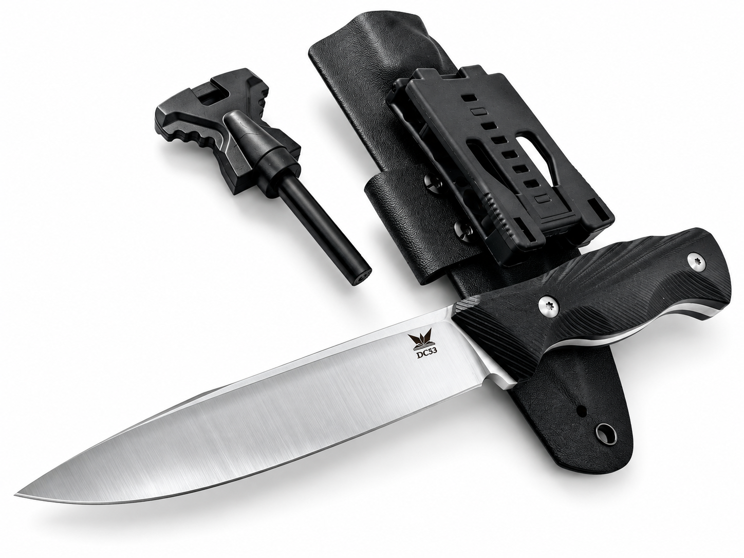 Ловен нож фултанг с Kydex калъф,магнезиева запалка DC53 Steel Military