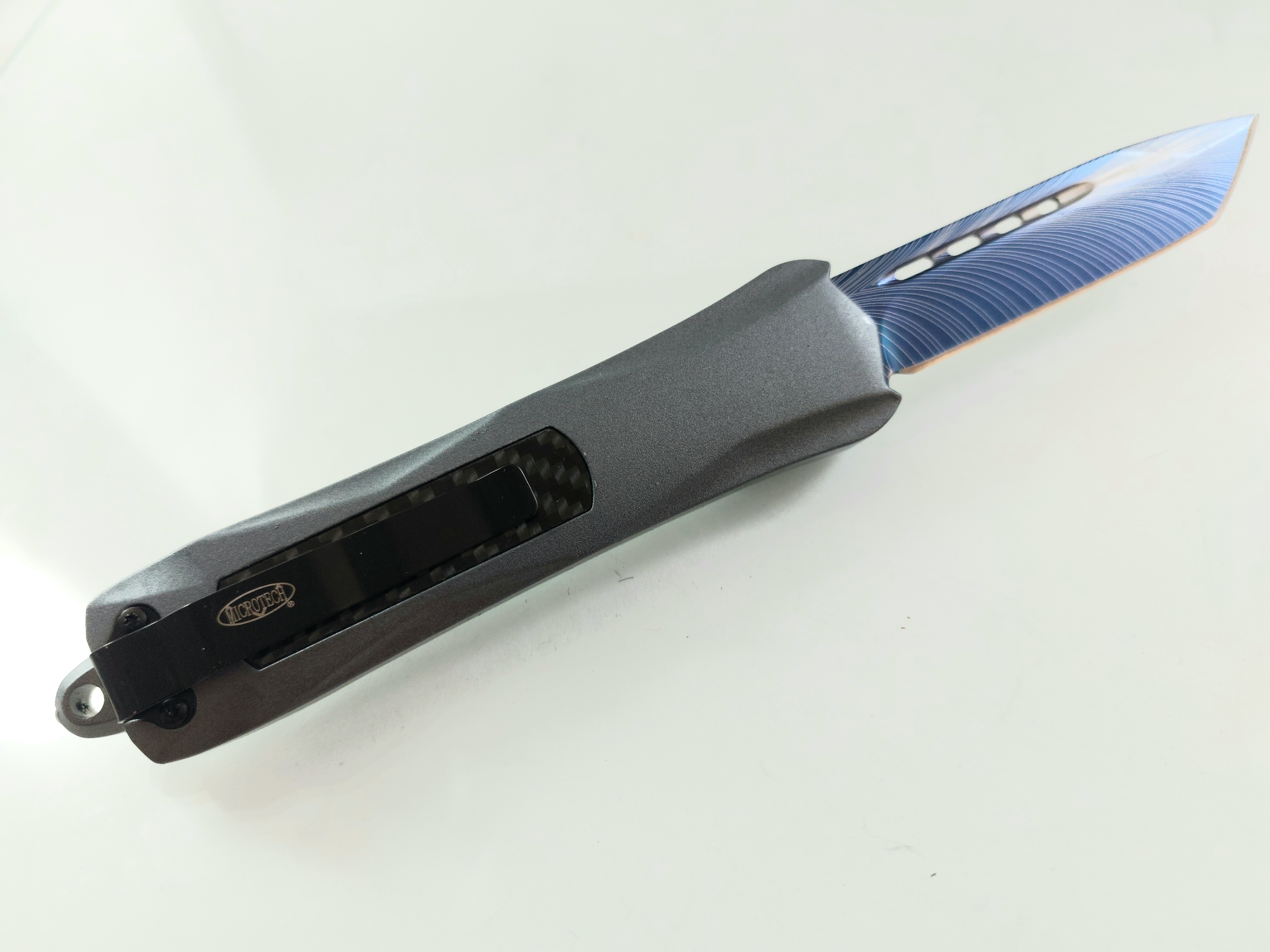 Microtech Blue Blade OTF- сгъваем автоматичен нож Танто острие с клипс и калъф