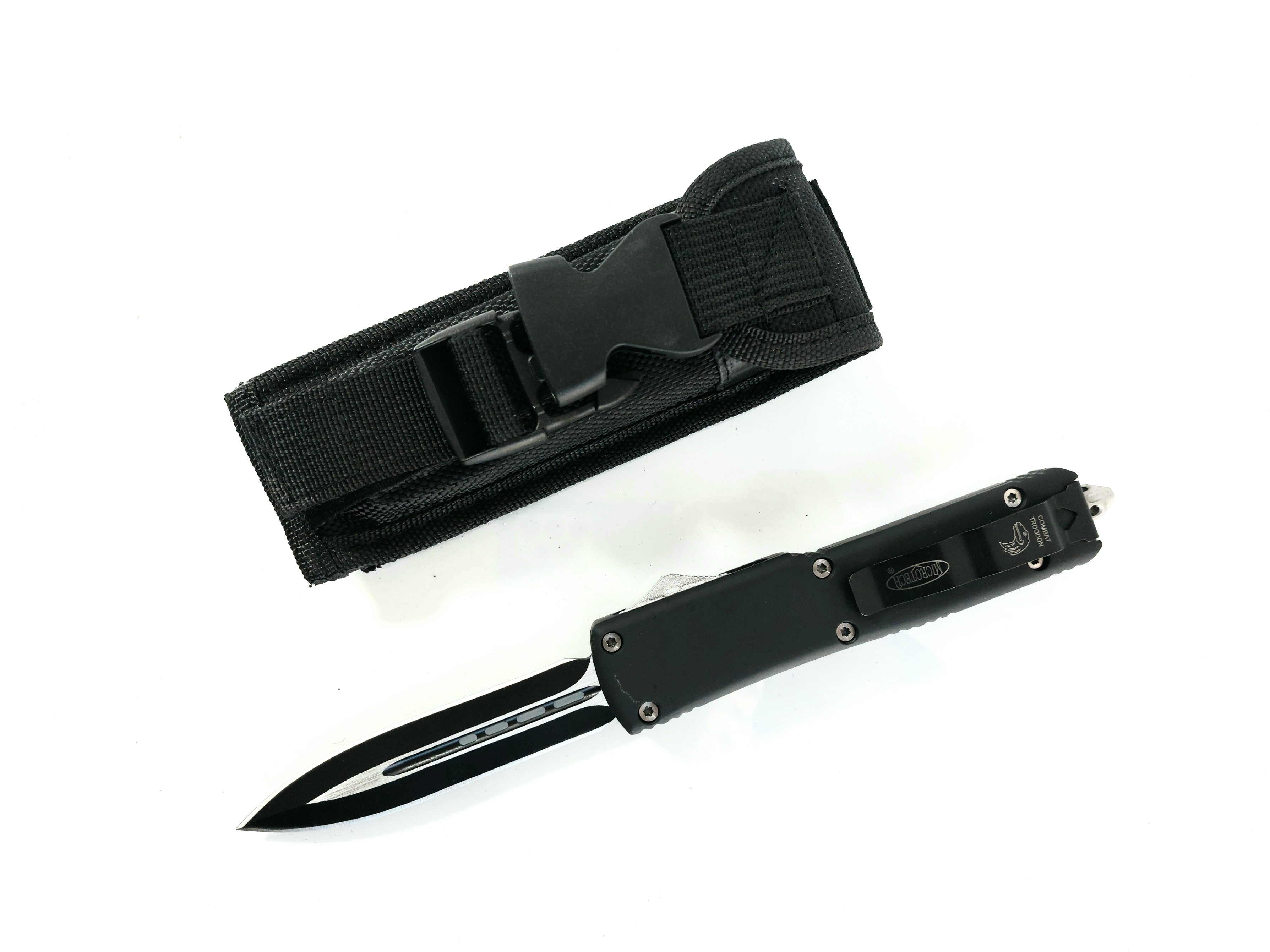 Microtech Black OTF- сгъваем автоматичен нож тип кама с клипс и калъф