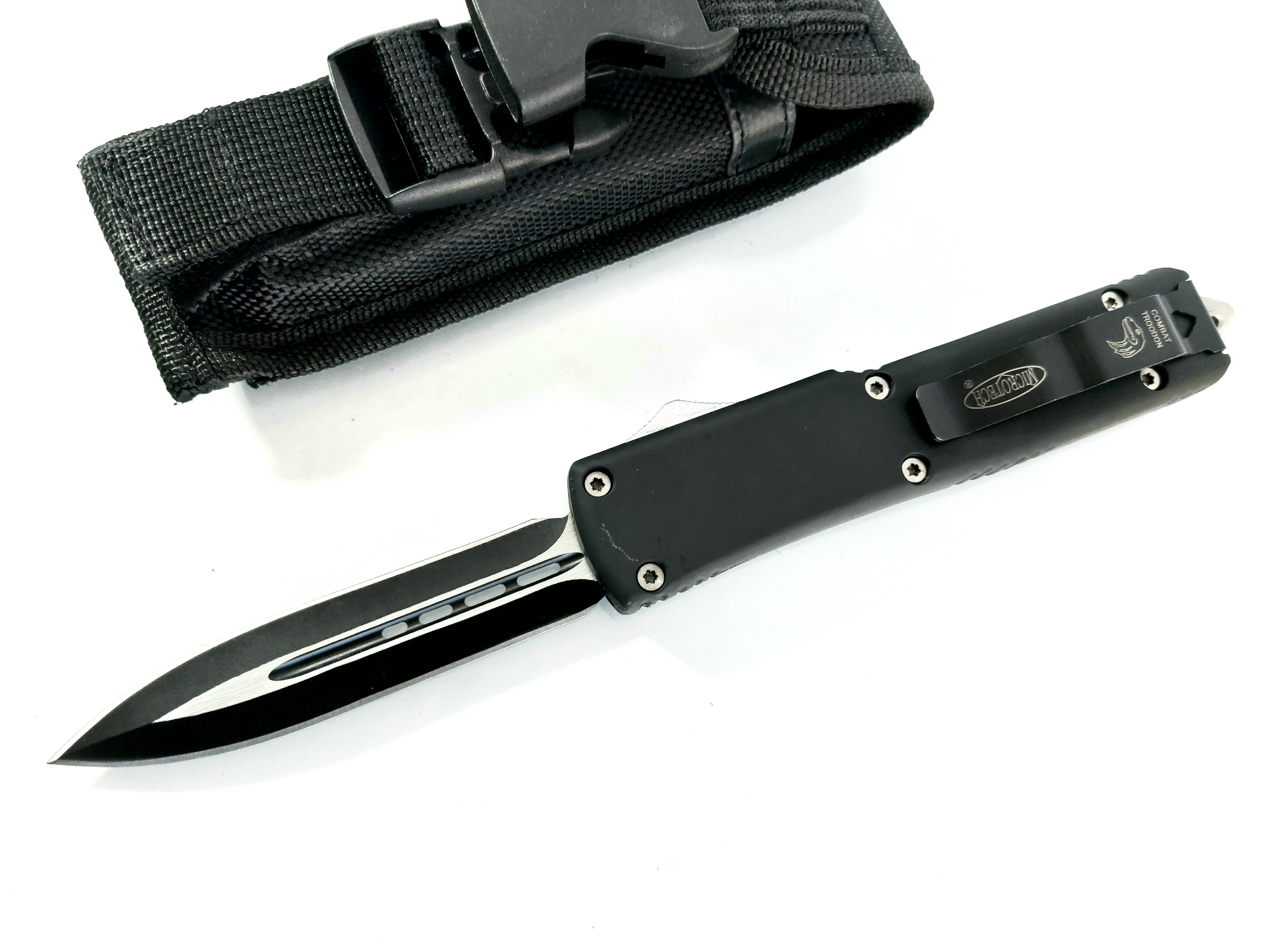 Microtech Black OTF- сгъваем автоматичен нож тип кама с клипс и калъф