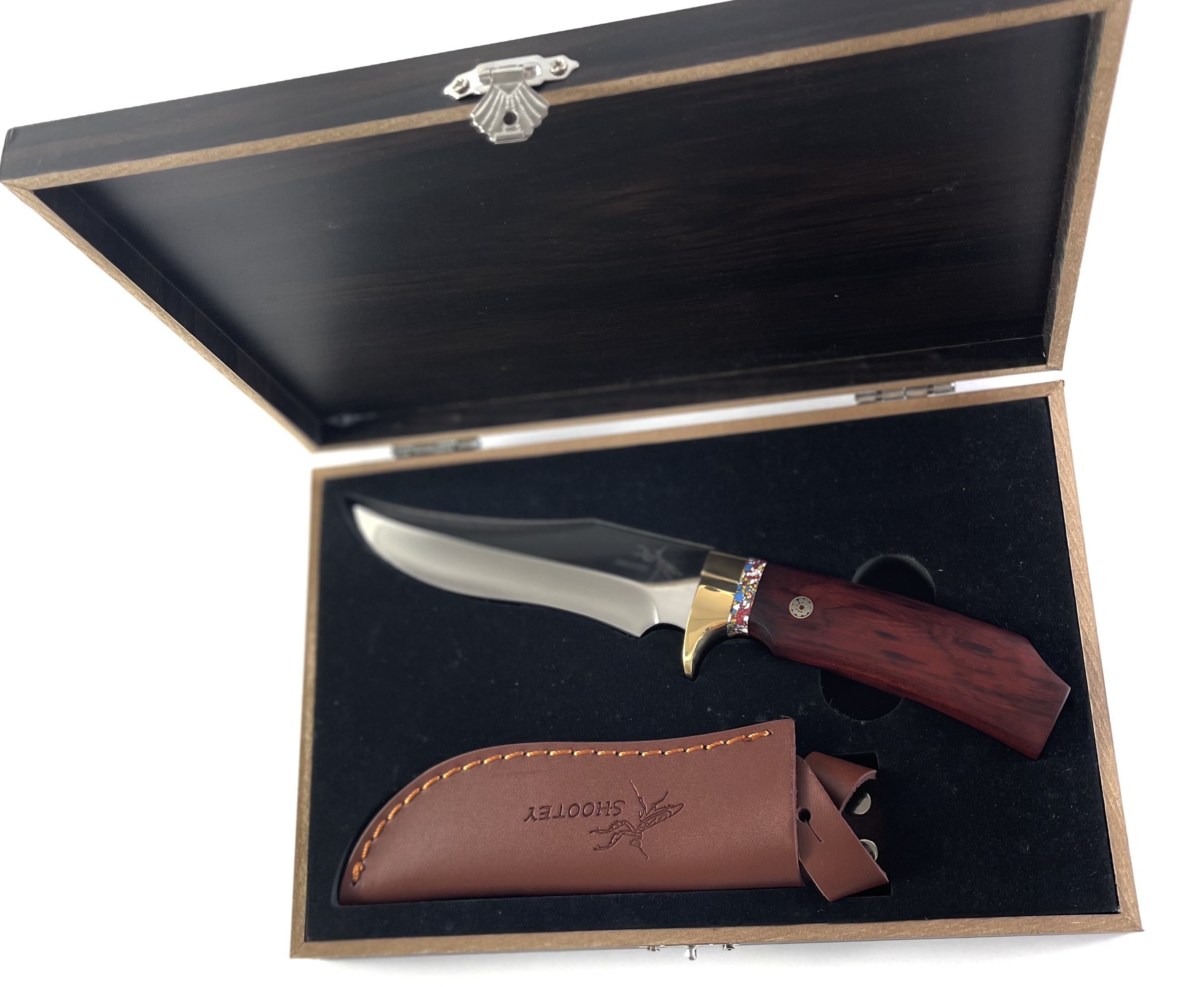 Ловен нож с красива дървена кутия и кожена кания - Knife Amanlong