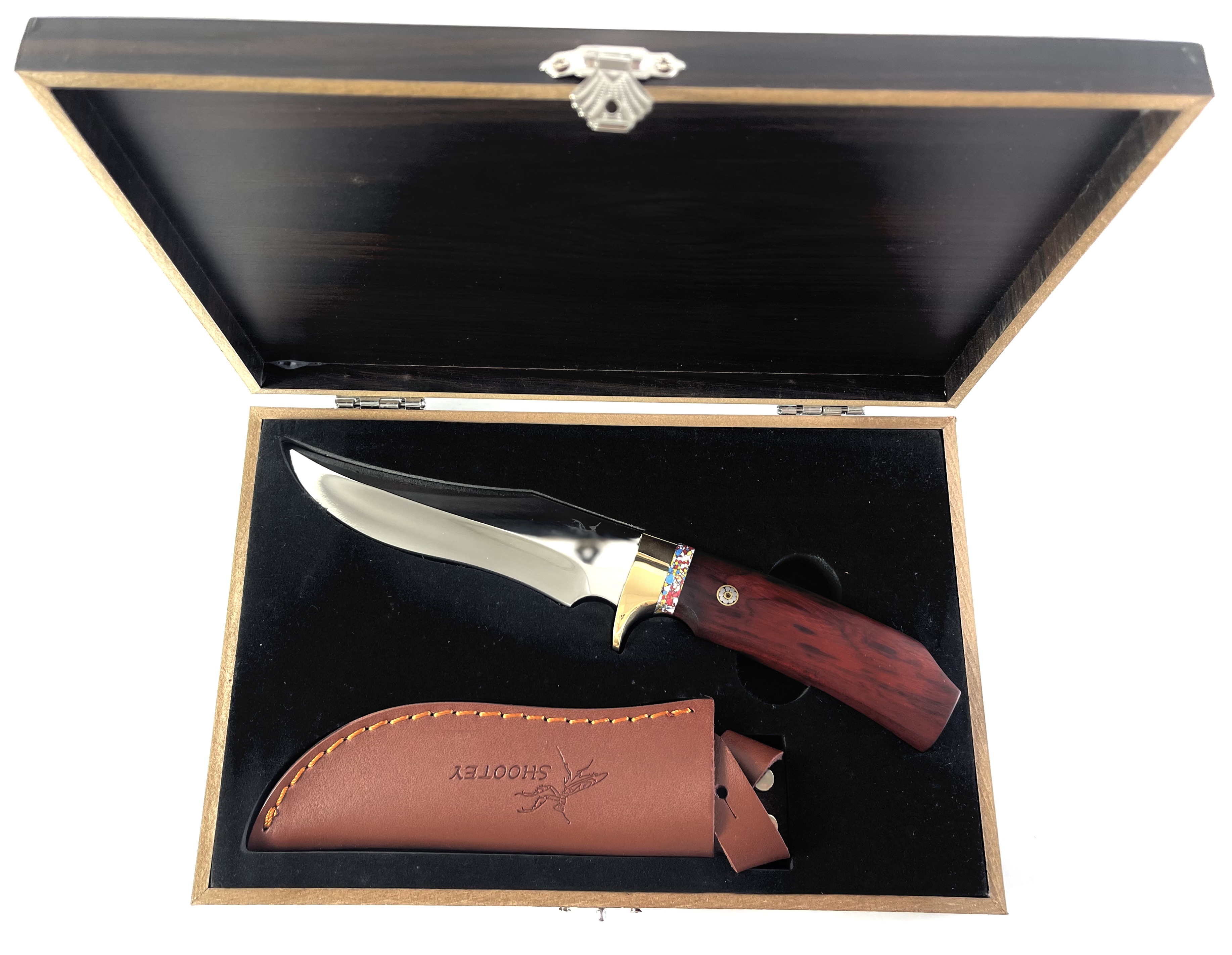 Ловен нож с красива дървена кутия и кожена кания - Knife Amanlong