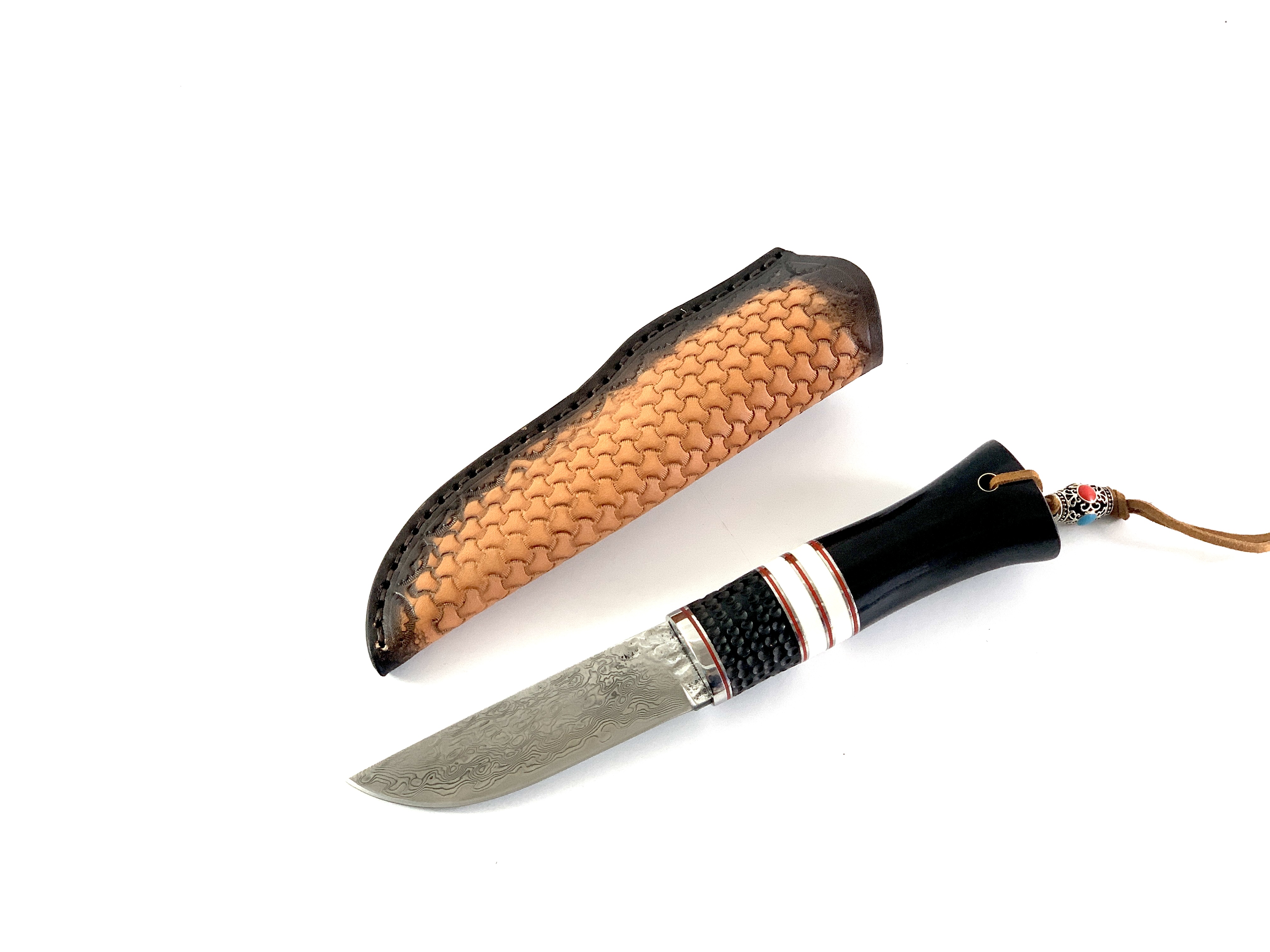 Ръчно изработен ловен нож BigCat Damascus, нож Bushcraft с  кожена кания