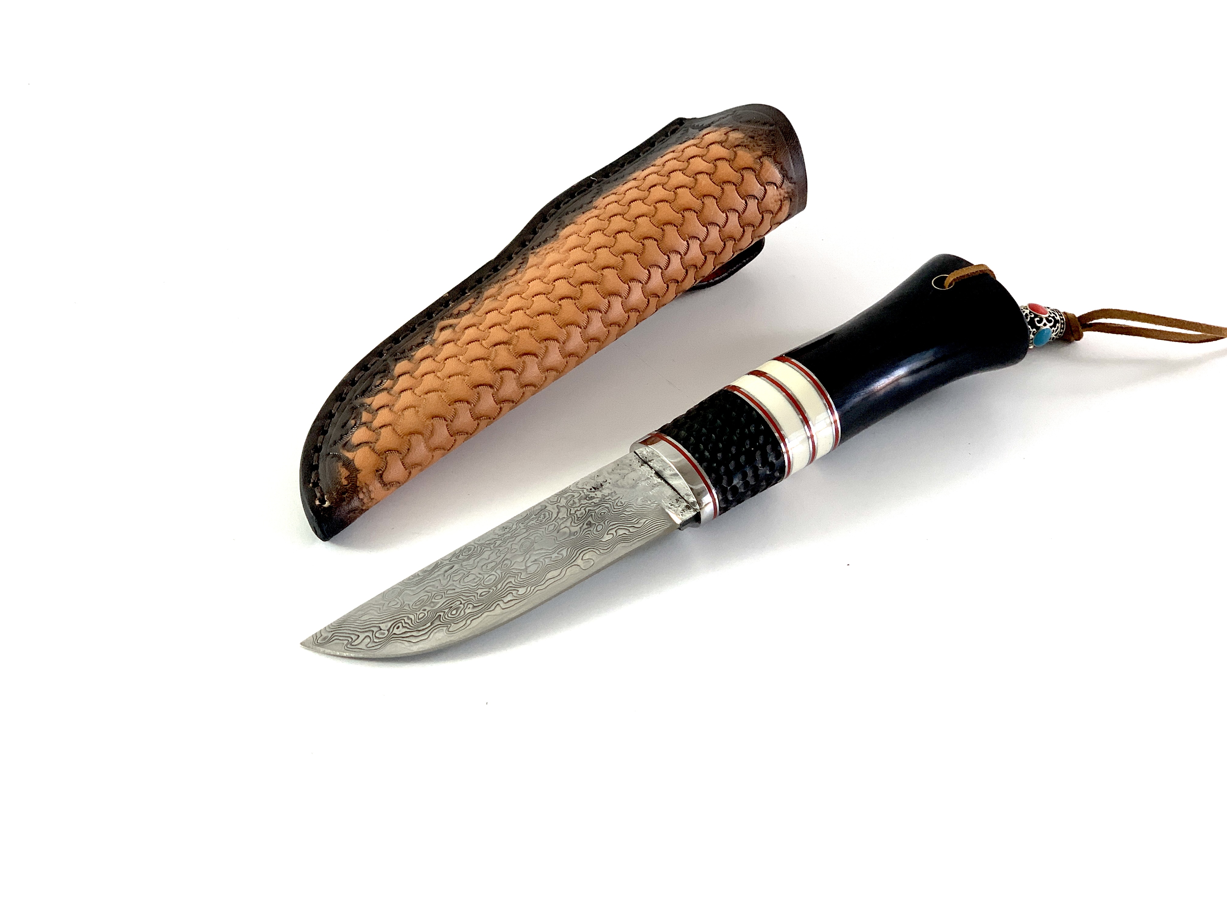 Ръчно изработен ловен нож BigCat Damascus, нож Bushcraft с  кожена кания