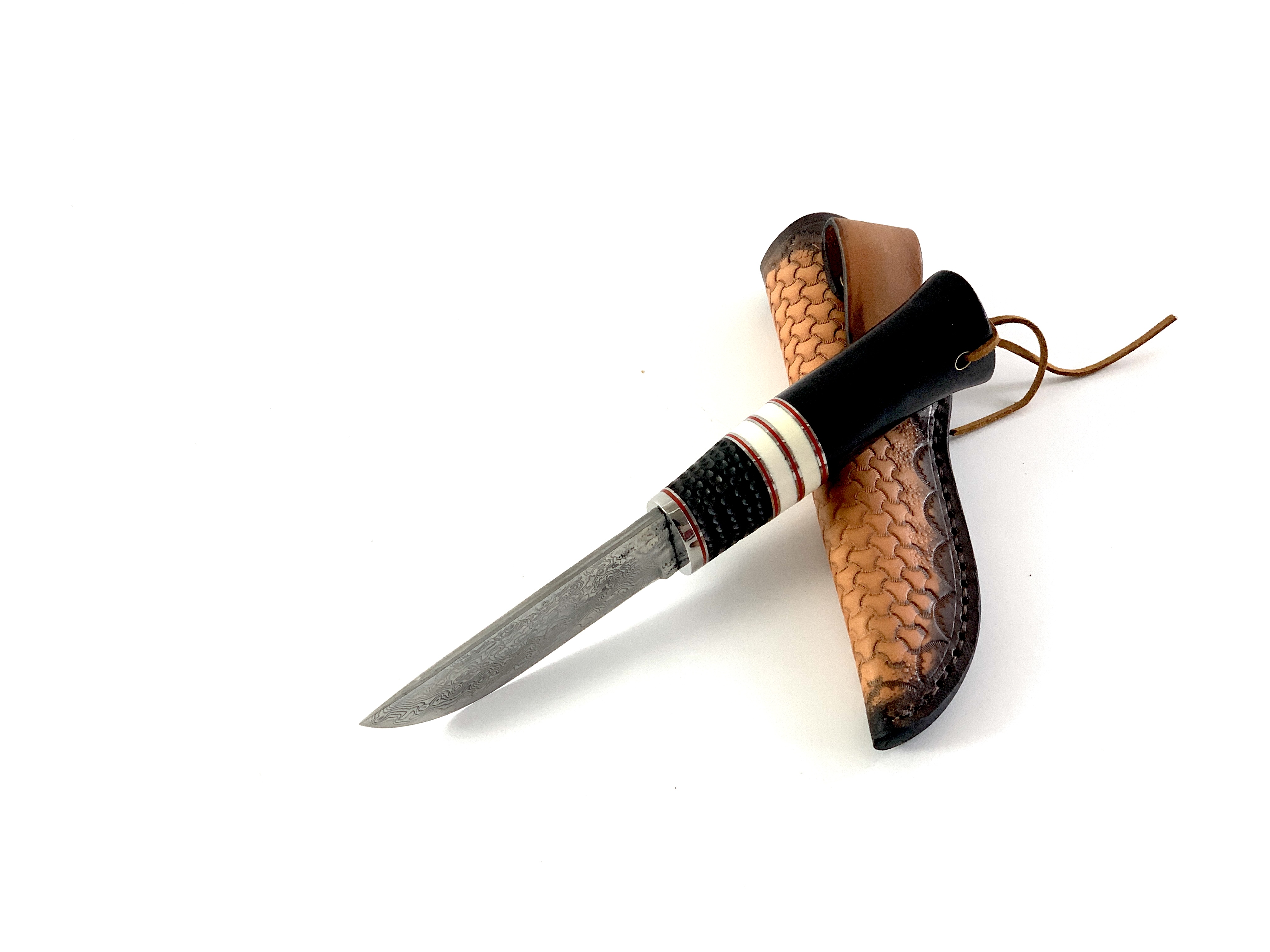 Ръчно изработен ловен нож BigCat Damascus, нож Bushcraft с  кожена кания