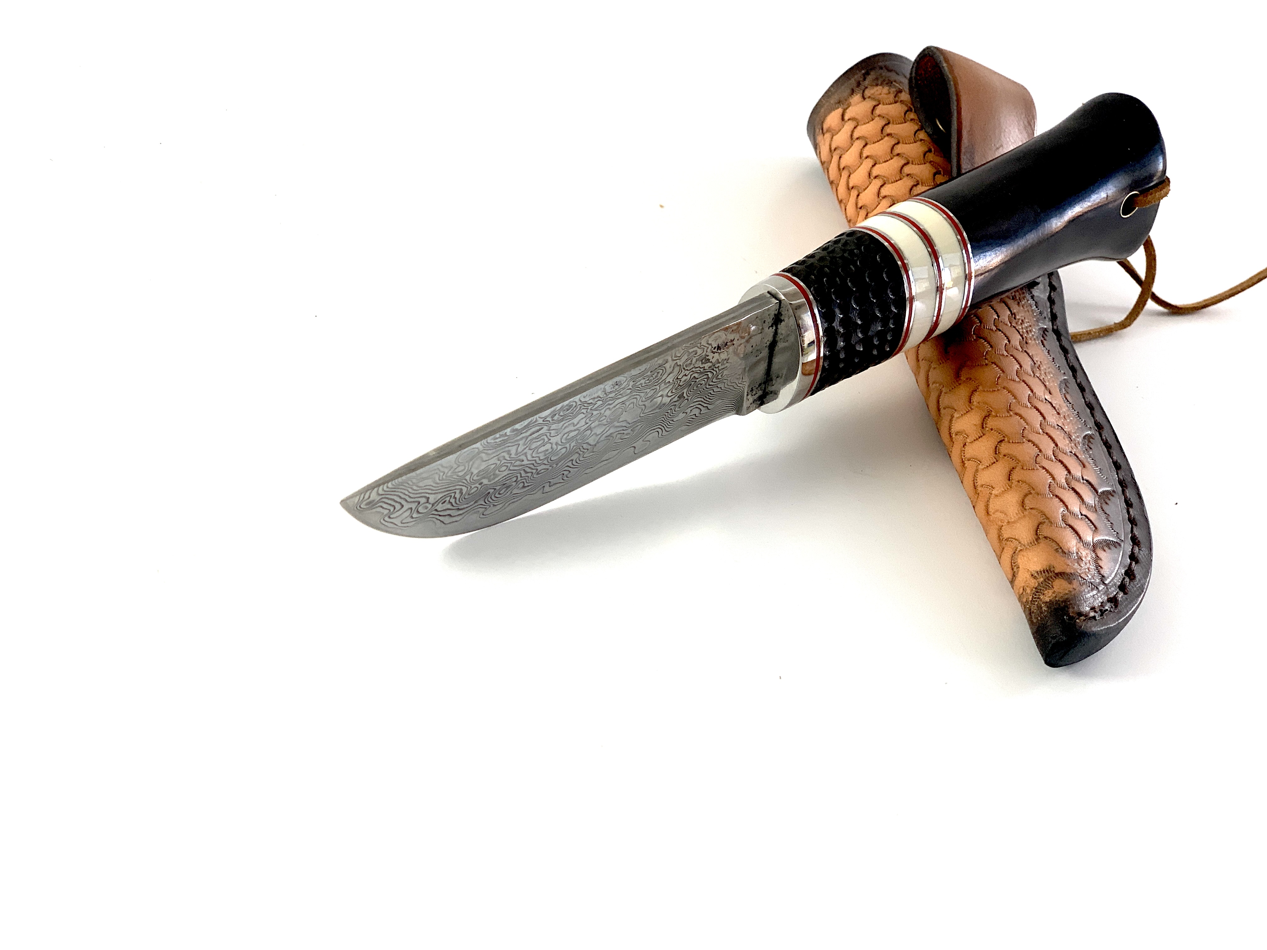 Ръчно изработен ловен нож BigCat Damascus, нож Bushcraft с  кожена кания