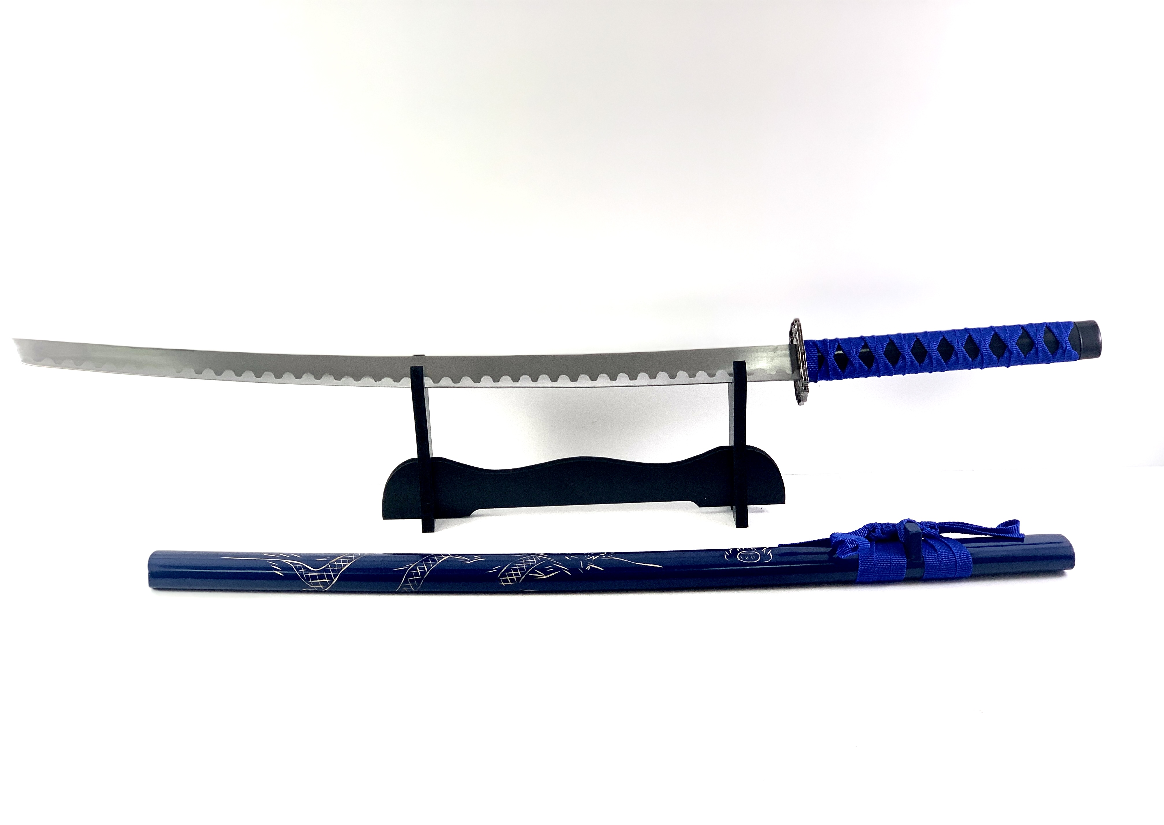 Меч катана син дракон сувенирен незаточен,дървена стойка  за колекция или подарък