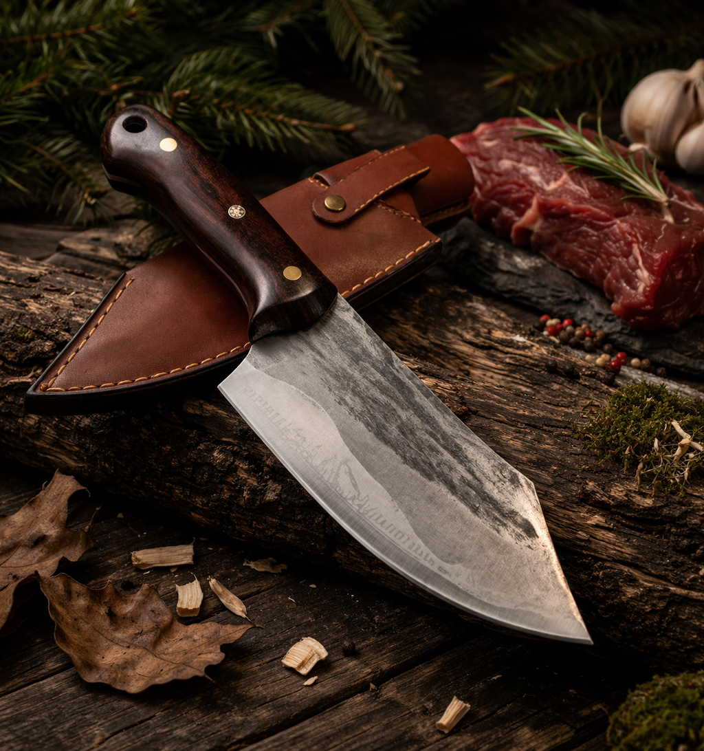 Ръчно кован нож сатър с абаносова дръжка