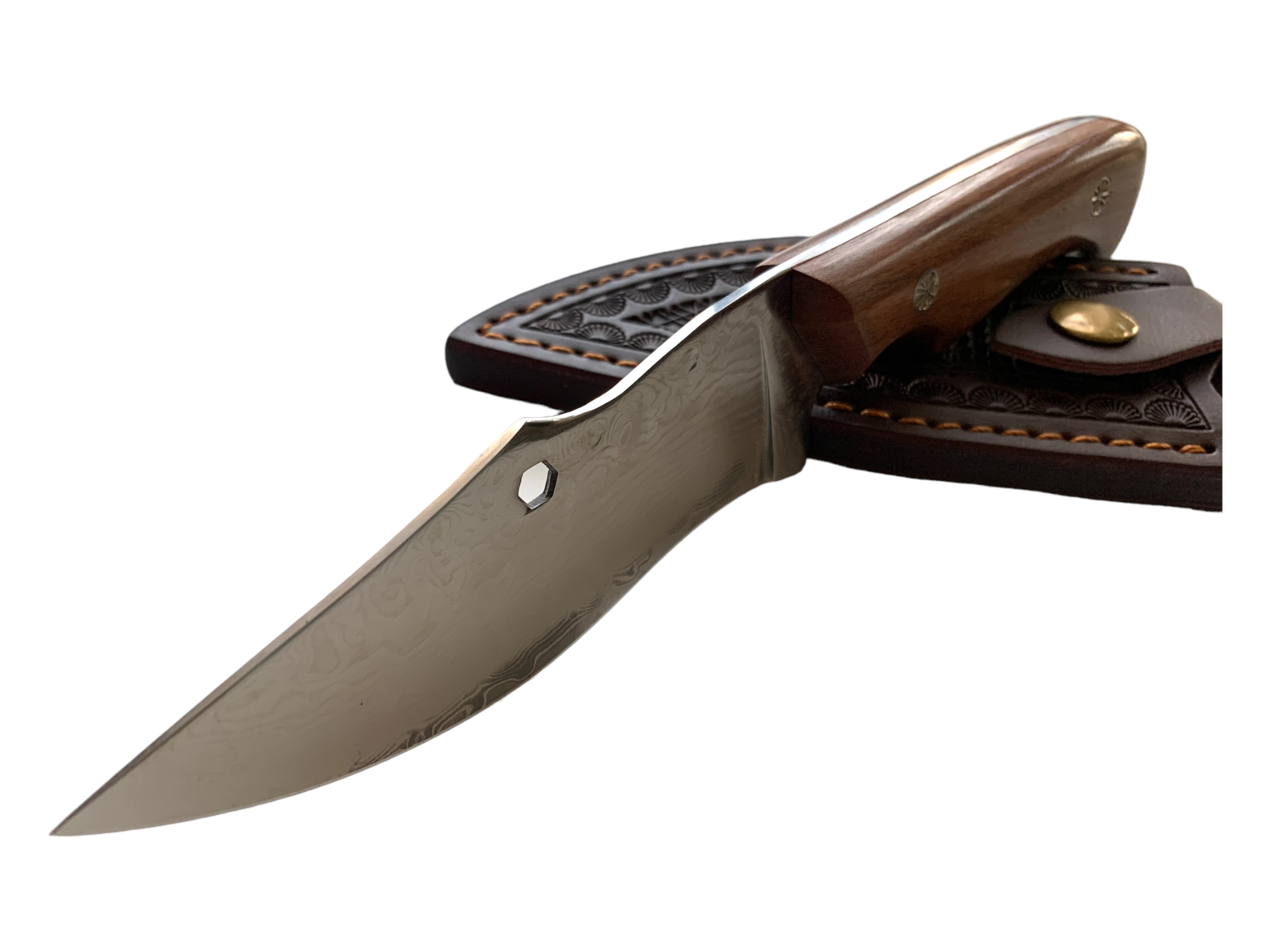 Ръчно изкован нож Craftsman с дамаска стомана и орнаментирана кожена кания Ръчно изкован нож Craftsman с дамаска стомана и орнаментирана кожена кания