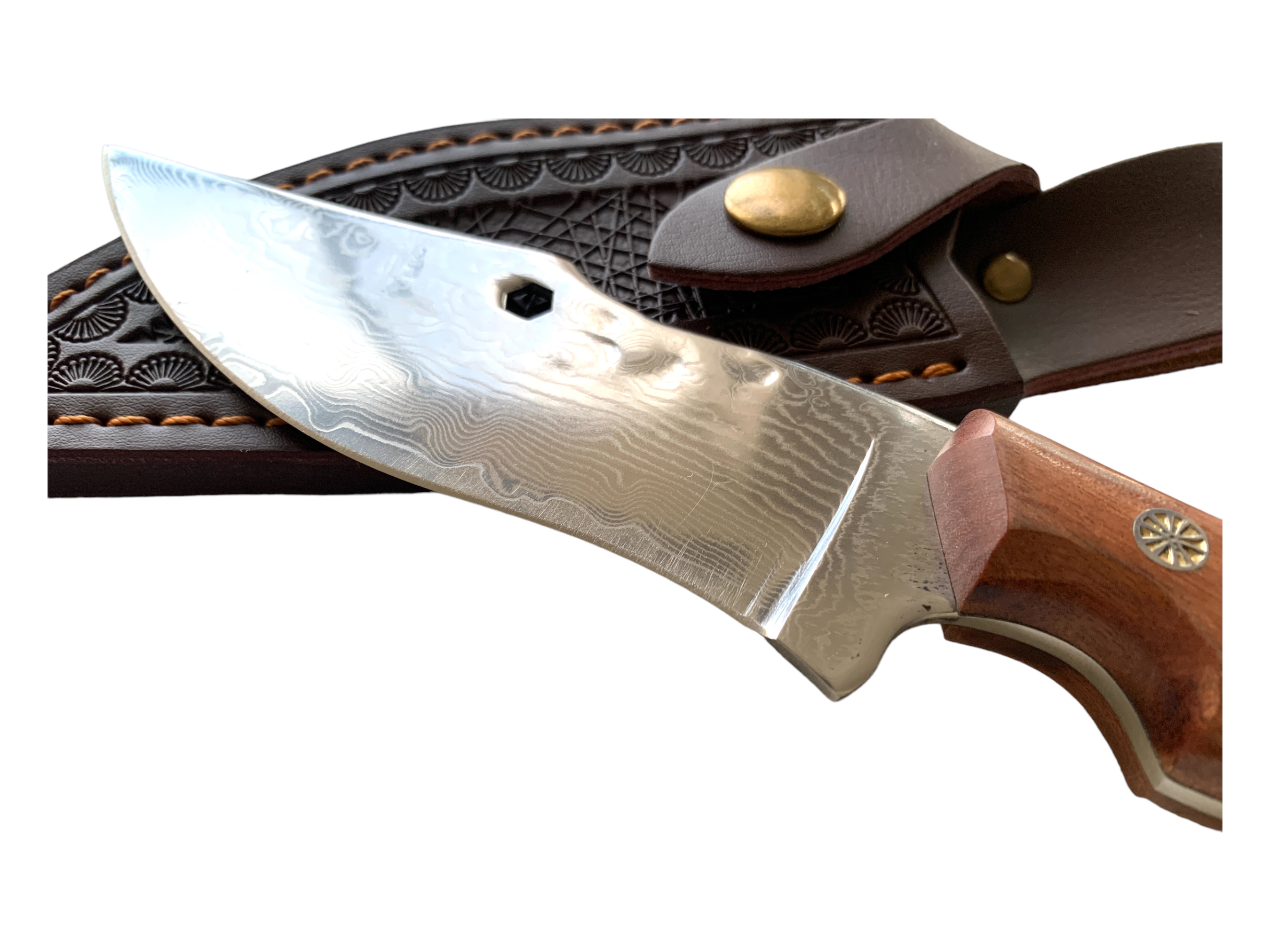 Ръчно изкован нож Craftsman с дамаска стомана и орнаментирана кожена кания Ръчно изкован нож Craftsman с дамаска стомана и орнаментирана кожена кания