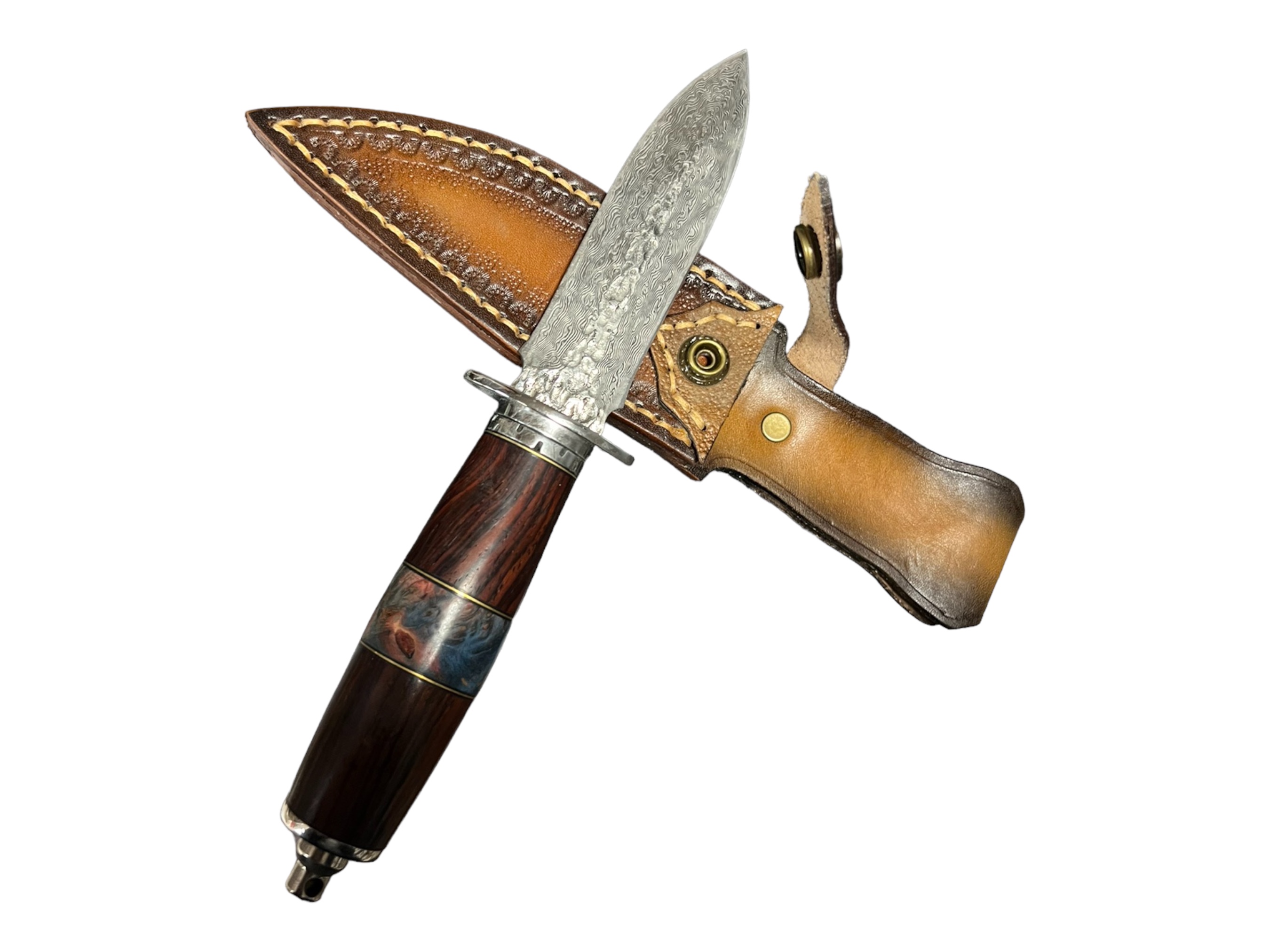 Нож Дамаска стомана тип  кама с декорирана кожена кания