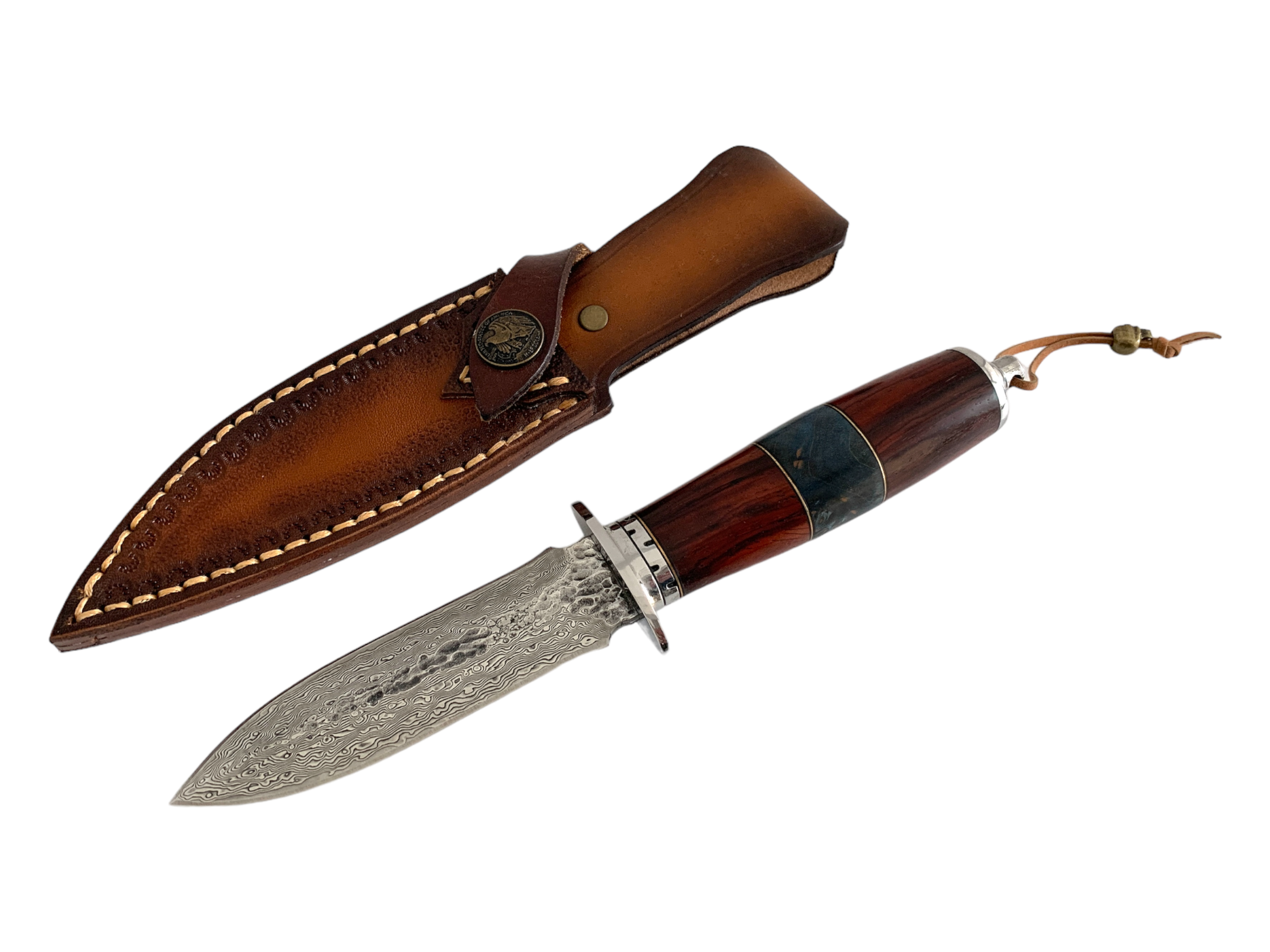 Нож Дамаска стомана тип  кама с декорирана кожена кания