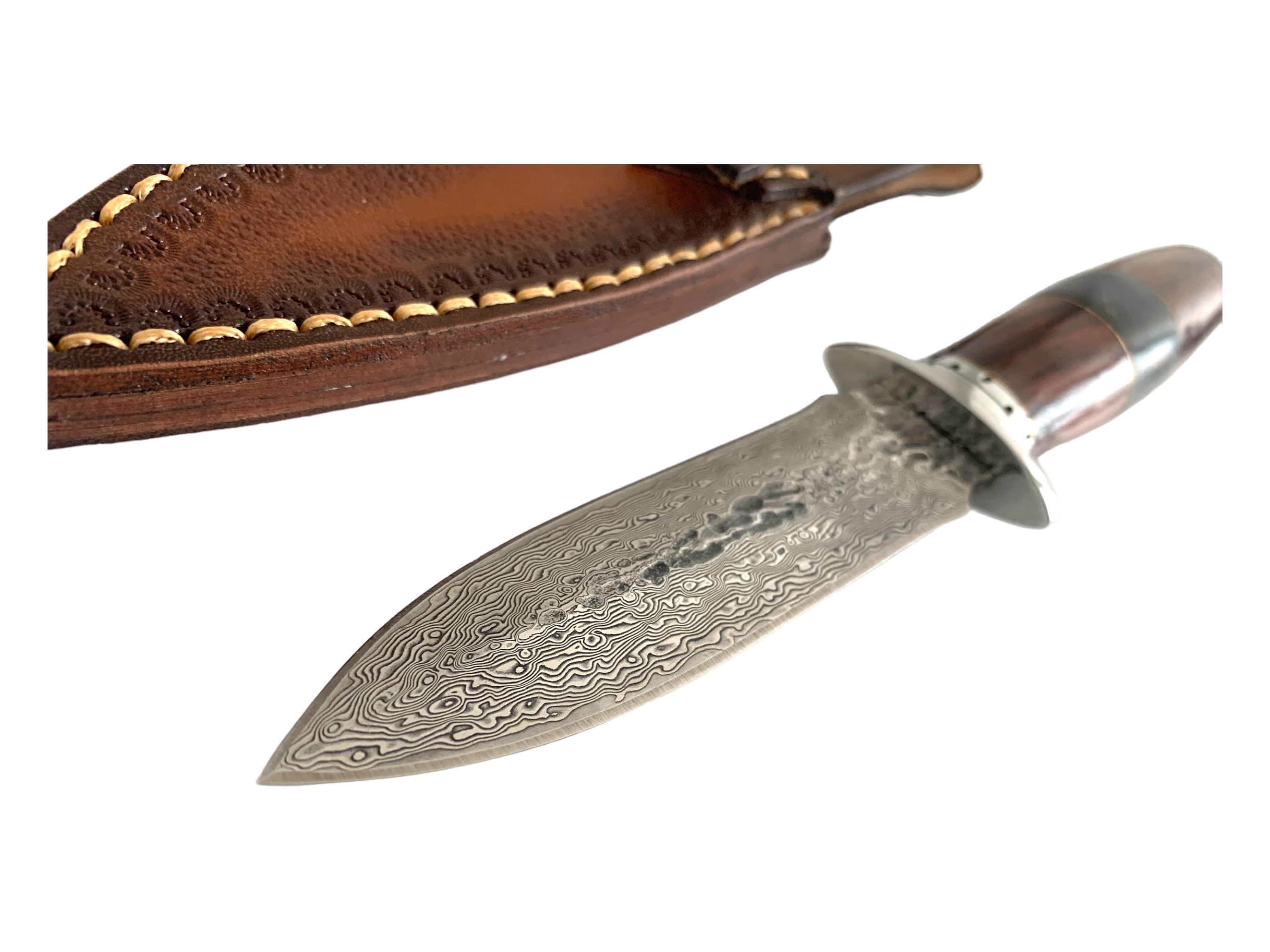 Нож Дамаска стомана тип  кама с декорирана кожена кания
