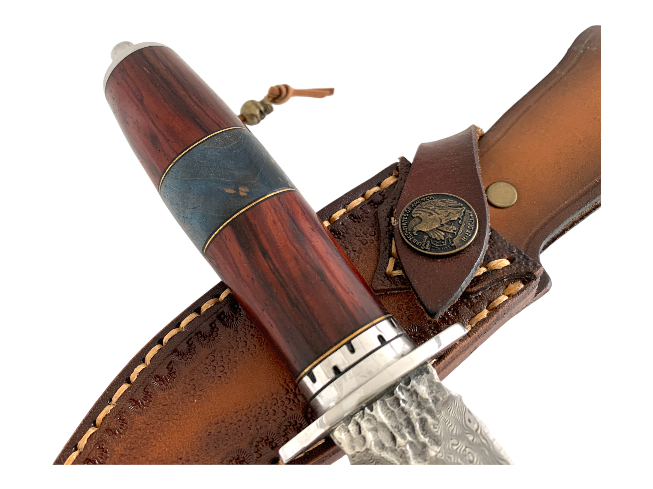 Нож Дамаска стомана тип  кама с декорирана кожена кания