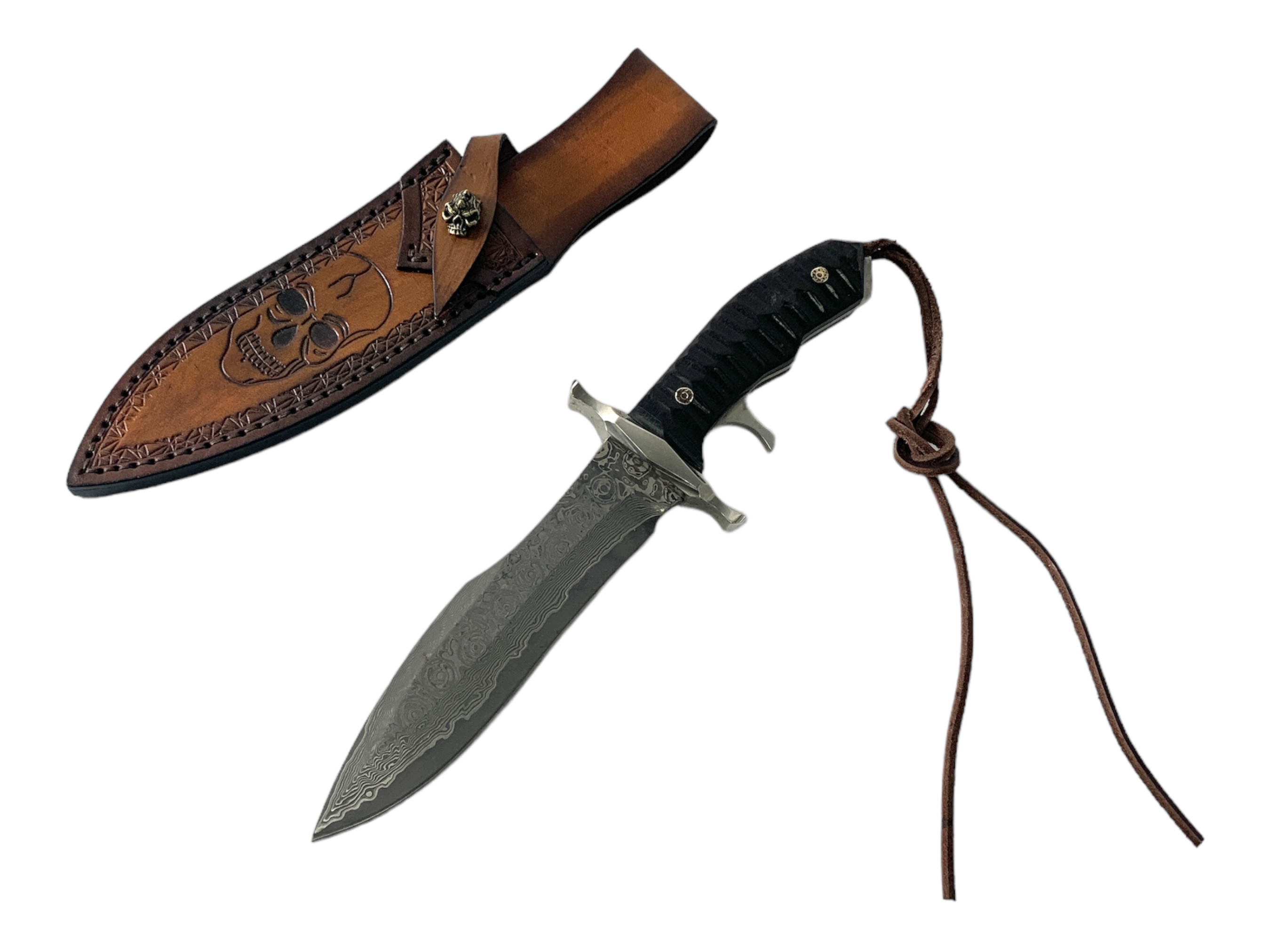 Ръчно изработен тактически нож с дамаска стомана и кожен калъф с мотив череп