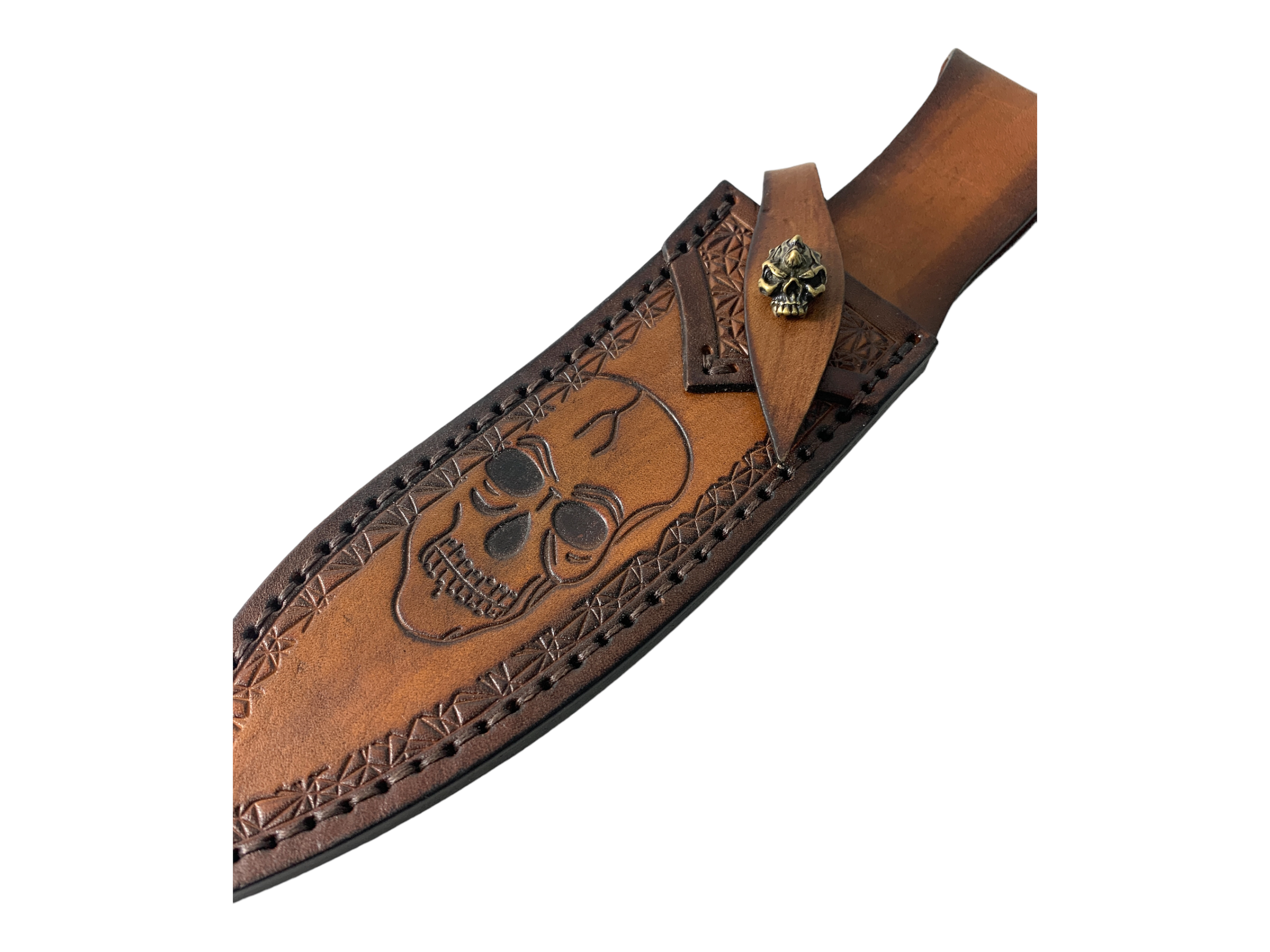 Ръчно изработен тактически нож с дамаска стомана и кожен калъф с мотив череп