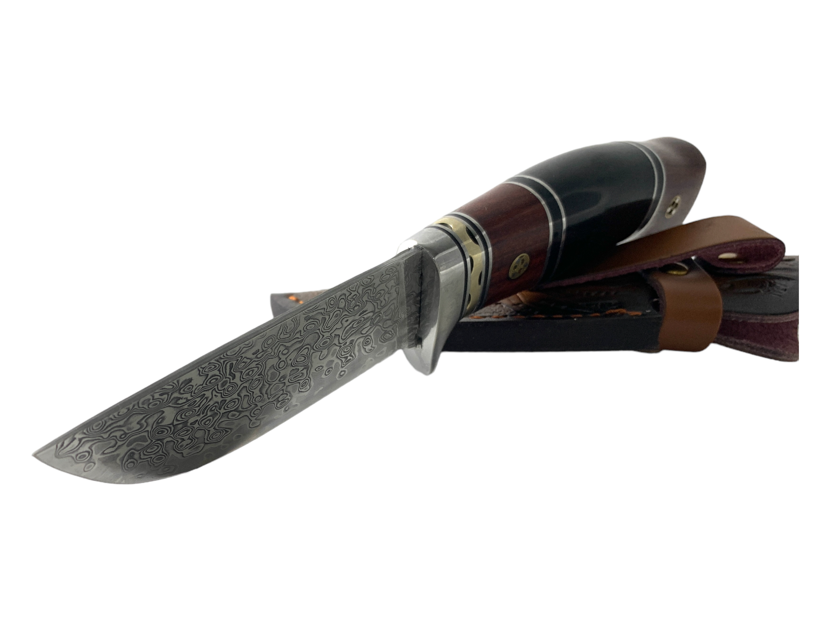 Ръчно изработен ловен нож с дамаска стомана и уникален кожен калъф