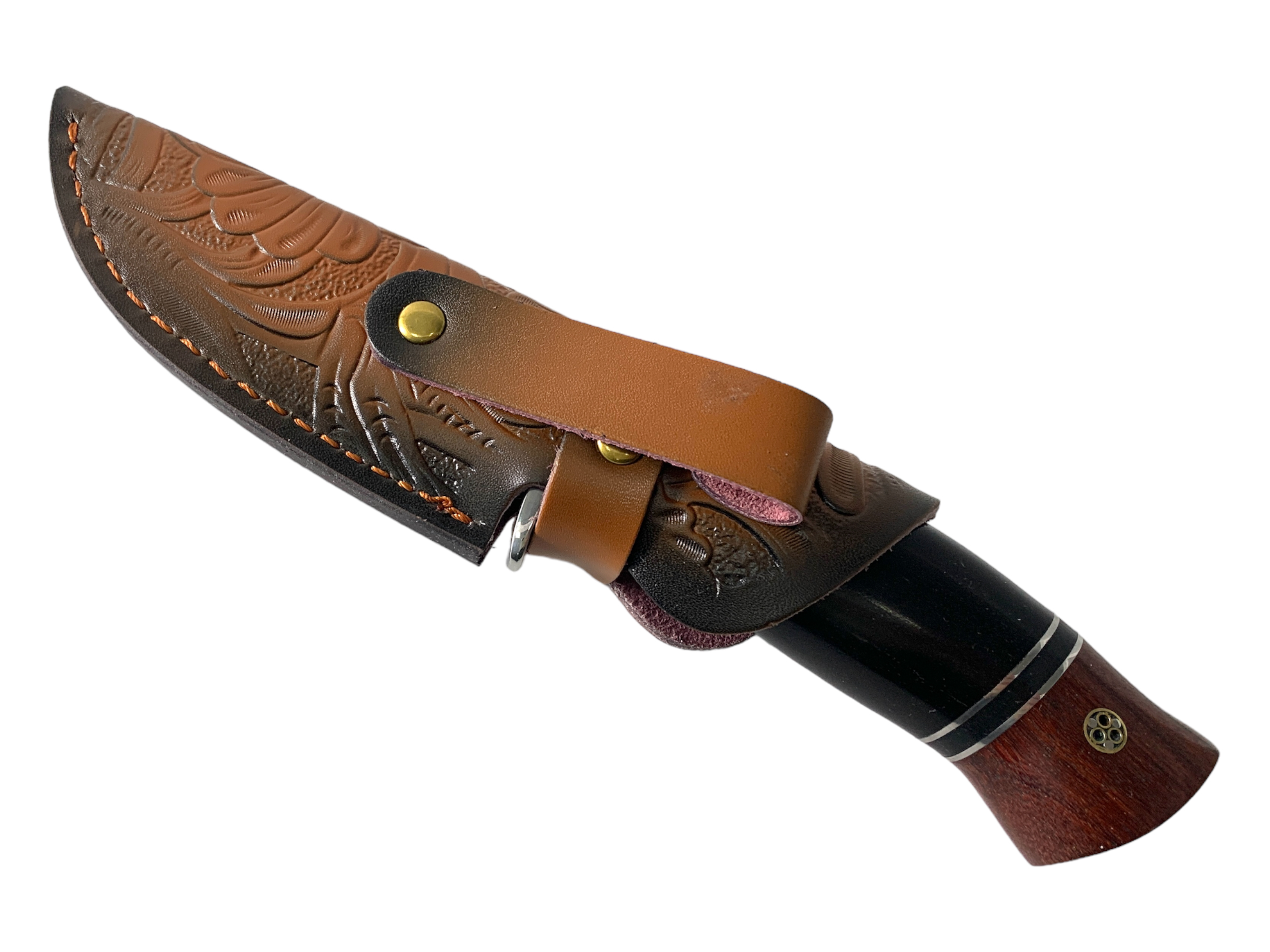 Ръчно изработен ловен нож с дамаска стомана и уникален кожен калъф