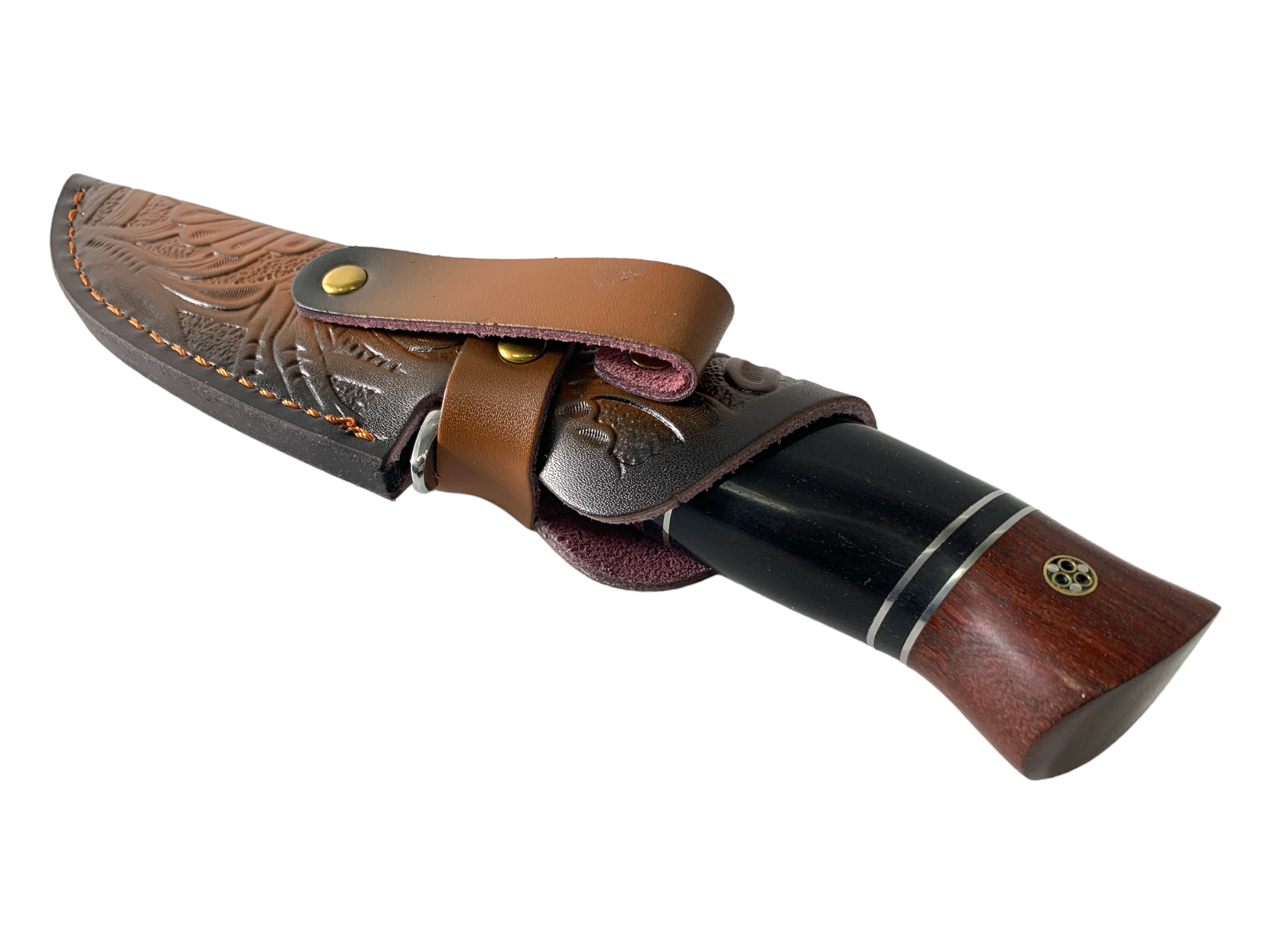 Ръчно изработен ловен нож с дамаска стомана и уникален кожен калъф