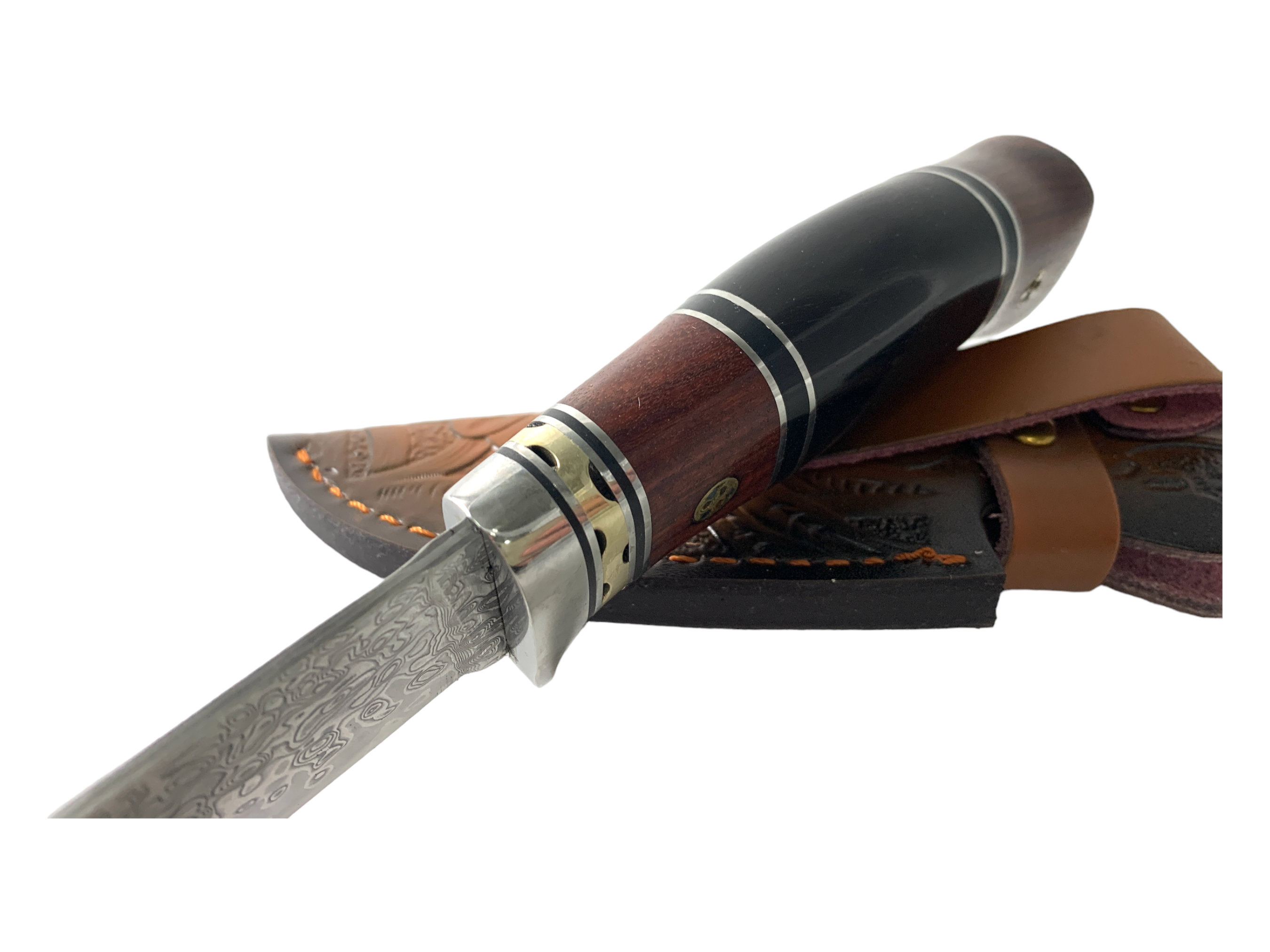 Ръчно изработен ловен нож с дамаска стомана и уникален кожен калъф