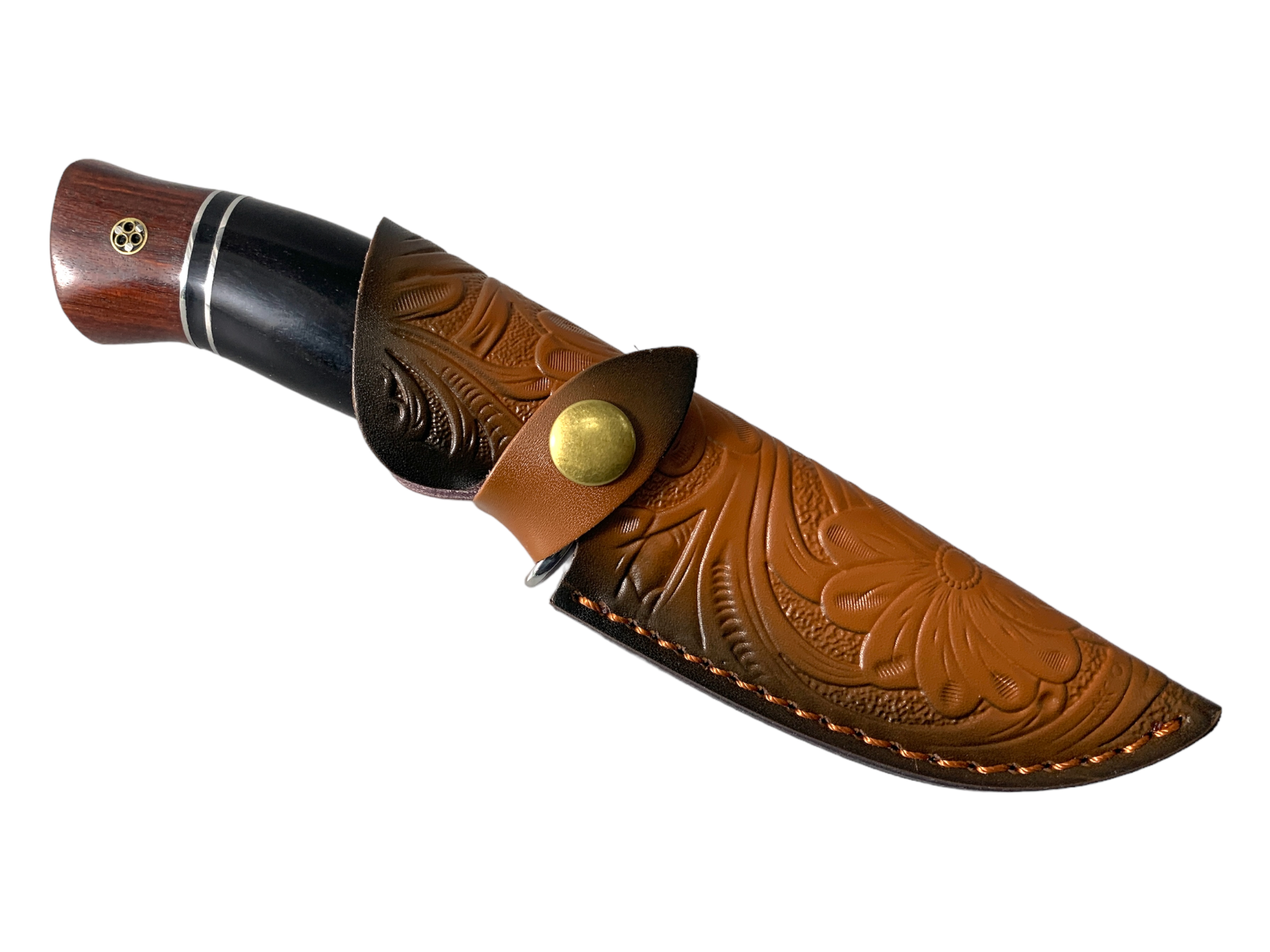 Ръчно изработен ловен нож с дамаска стомана и уникален кожен калъф