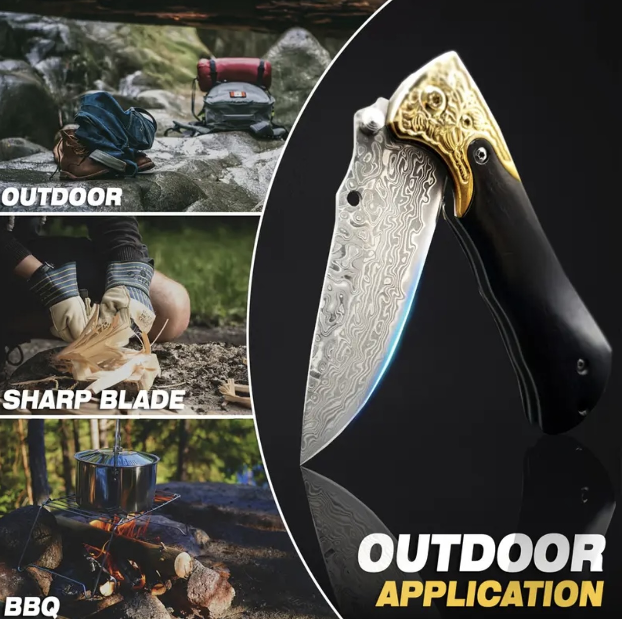 Нож с дамаско острие в outdoor сцена – къмпинг, рязане и барбекю