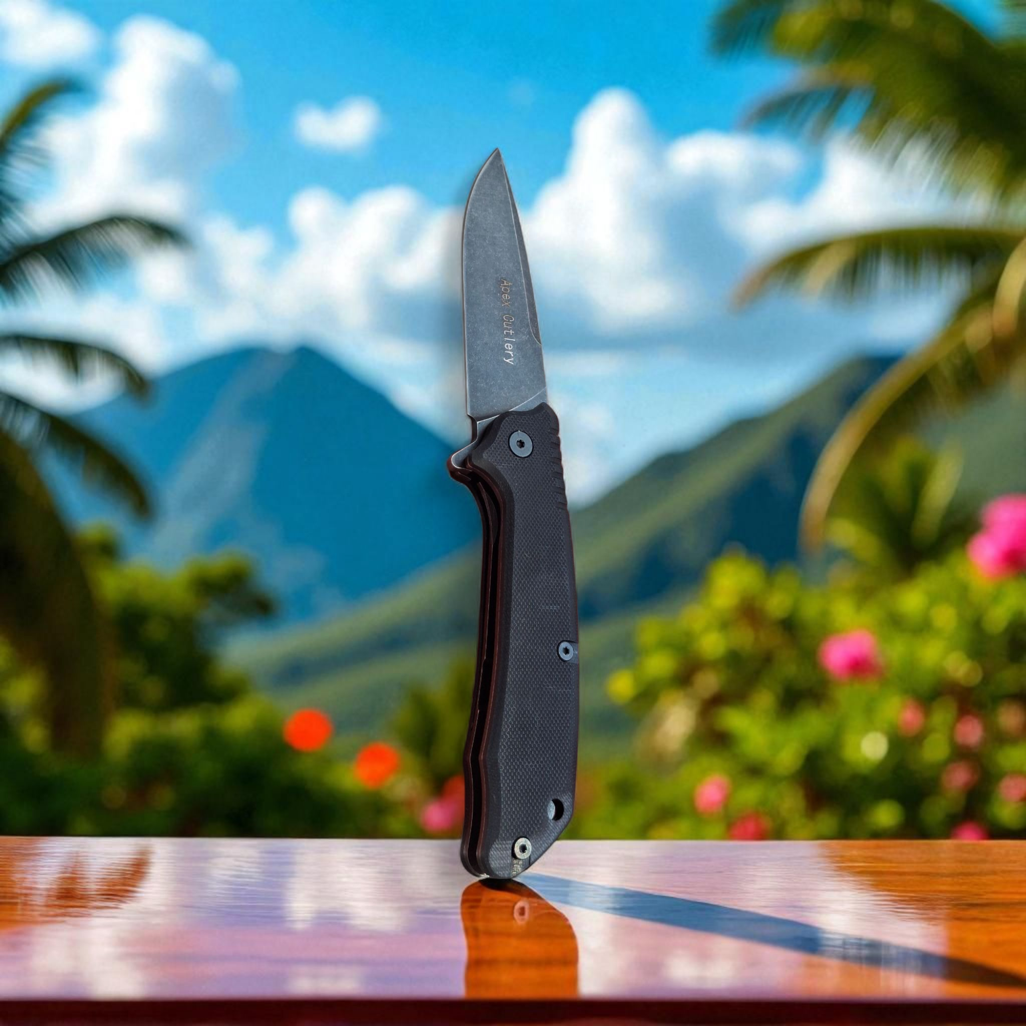 Сгънат нож Apex Cutlery на дървена маса, изглед отпред