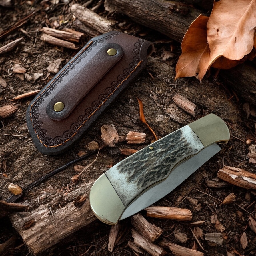 Ловен нож Elk Horn 195 с кожена кания върху дърво сред гора
